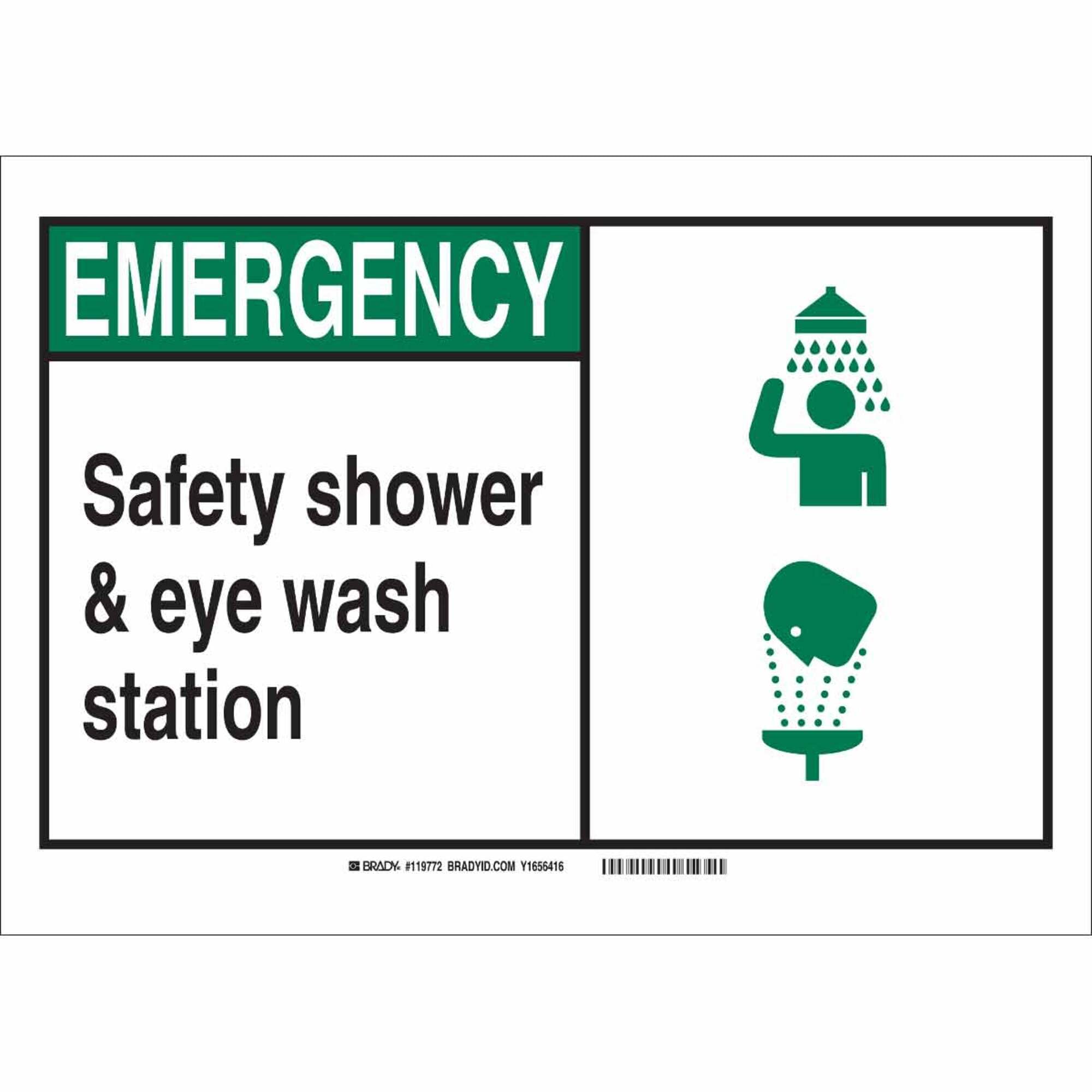 Brady 119784 Emergency Safety Shower & Eye Wash Station Plastic Sign - OSHA Compliant Facility Safety Label (Black/Green/White) for Workplace, Laboratory & Industrial Areas