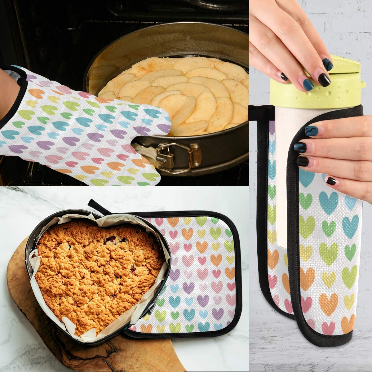 Rainbow Heart Oven Mitts & Pot Holders Set - 2 Pcs Heat Resistant Non-Slip Kitchen Gloves for Cooking, Baking, BBQ, Grilling - Perfect for Valentine's Day Gifts & Holiday Kitchen Decor
