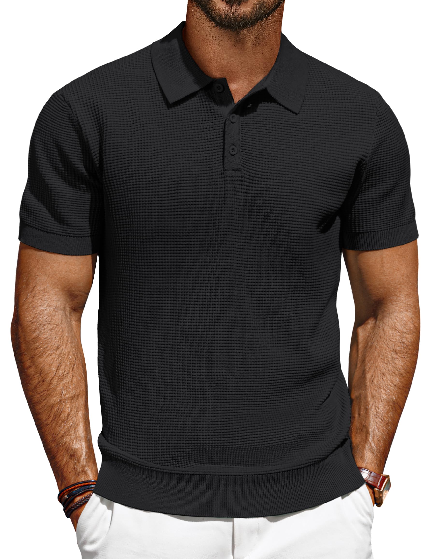 PJ PAUL JONES Men's Short Sleeve Polo Shirts - Breathable Knit Waffle Texture Casual Golf Shirt for Men | Perfect for Golf, Office, and Summer Outings