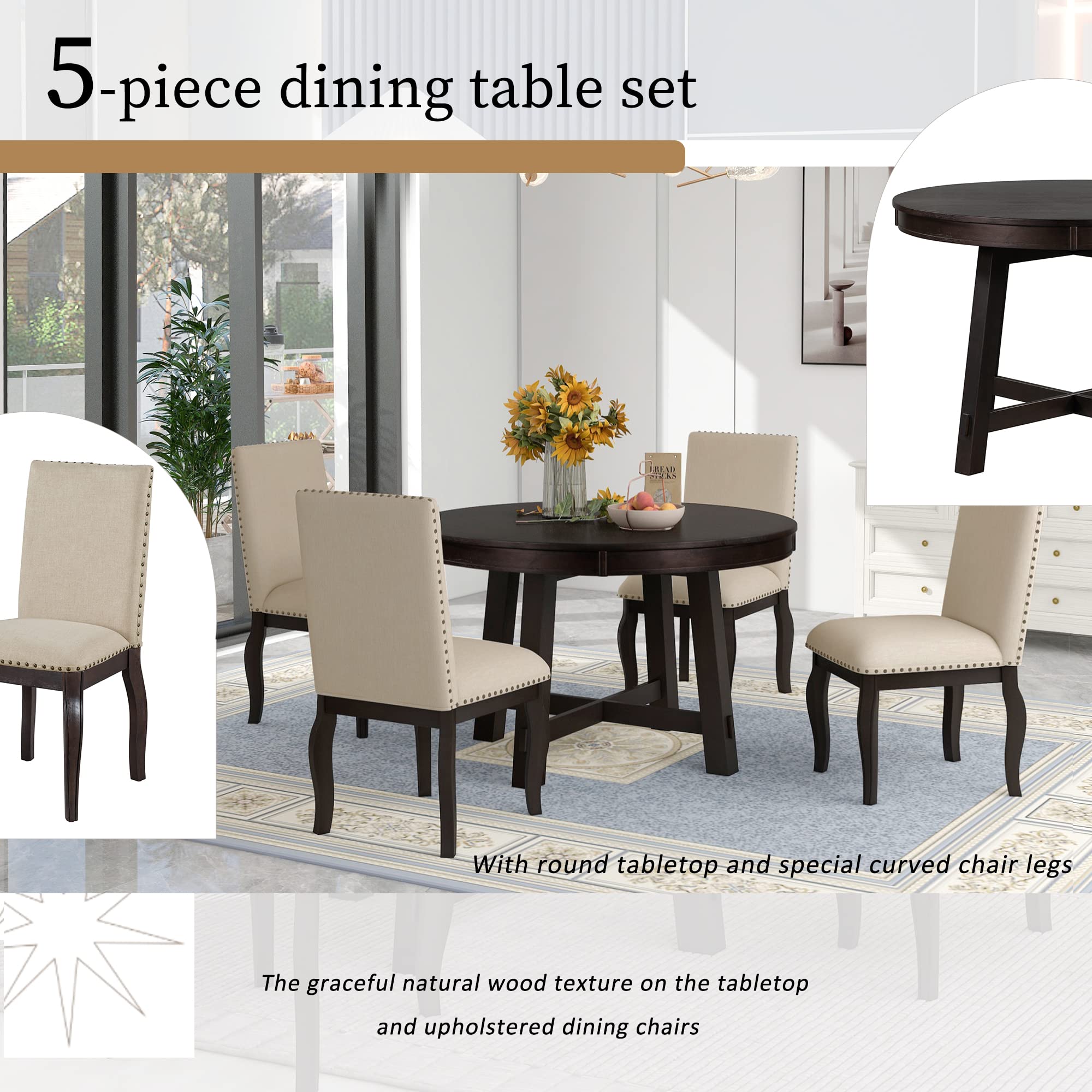 Polibi 5-Piece Farmhouse Dining Set - Espresso Wooden Round Extendable Table & 4 Upholstered Chairs, Perfect for Small Spaces & Family Gatherings
