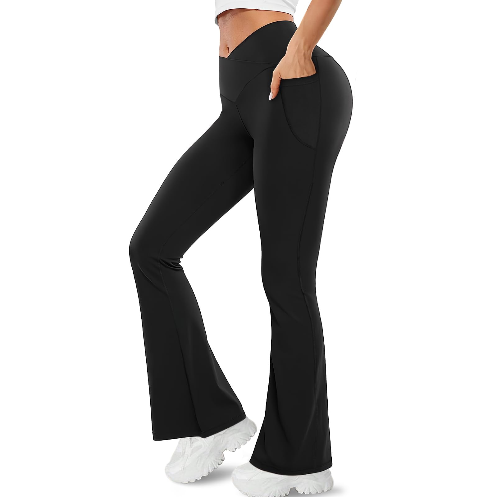 Women's High-Waisted Black Flare Leggings - Crossover Yoga Pants with Bootcut Design for Gym, Workout & Casual Wear | Perfect for Yoga, Pilates, Running and Everyday Fashion