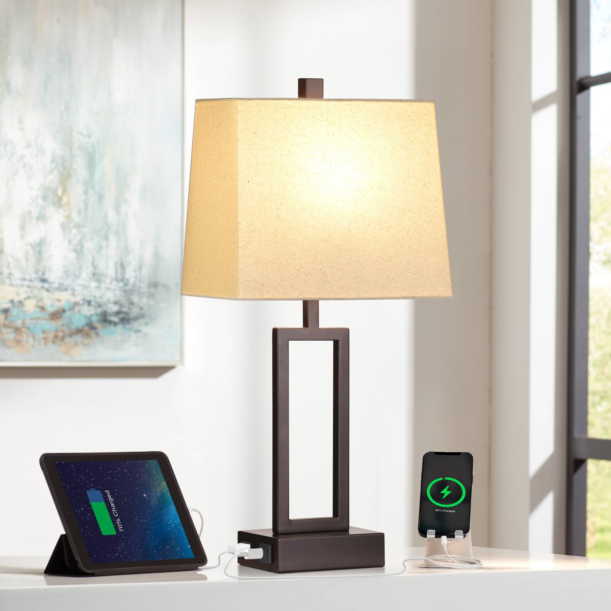 Modern Touch Control Table Lamps Set of 2 - Brown USB A+C Charging Bedside Lamps with AC Outlet & 3-Way Dimmable LED Lighting - Perfect for Bedroom Nightstands & Living Room End Tables (LED Bulbs Included) | Ideal for Reading, Working & Creating Cozy Ambiance