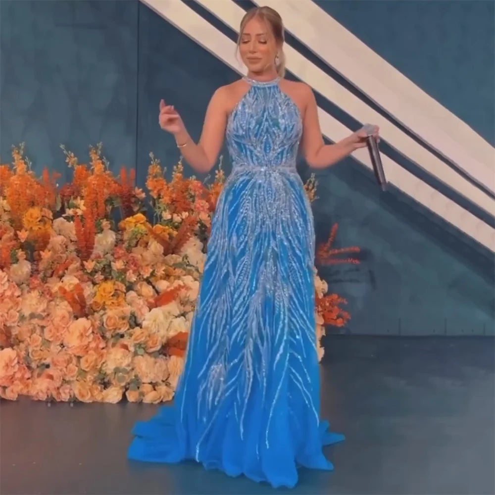 Elegant Blue Arabic A-Line Halter Gown - Luxury Dubai Evening Dress for Women | Wedding, Party & Special Occasions | Serene Hill LA72302 | Perfect for Red Carpet Events, Galas & Formal Gatherings
