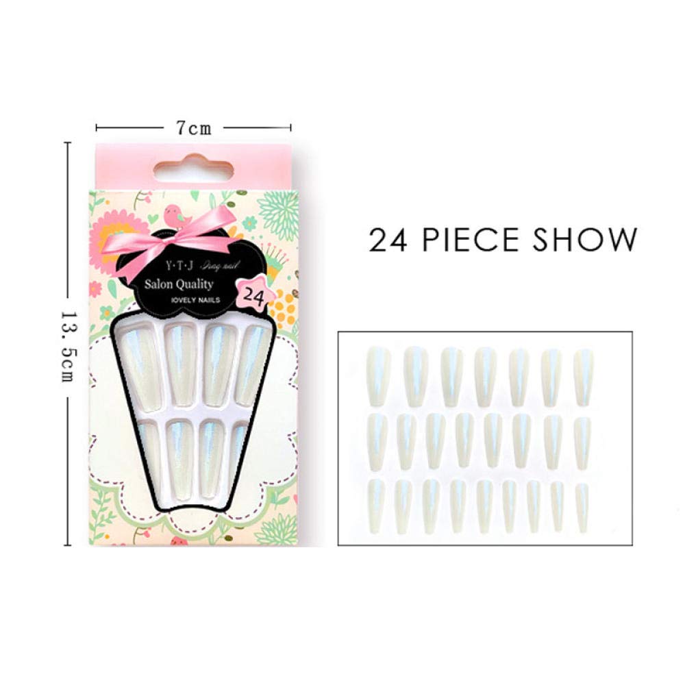 24pcs HUJL False Nails - Shiny White Super Long Ballerina Coffin Fake Nails with Aurora Neon Effect | Nail Extension Tools for Parties, Weddings & Special Occasions