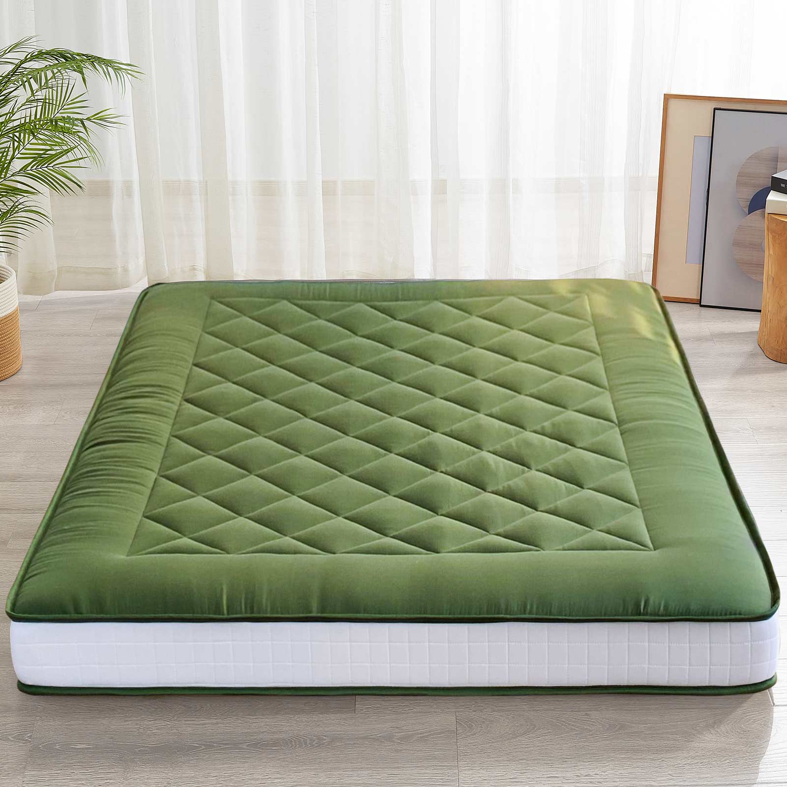 MAXYOYO 6-Inch Extra Thick Japanese Floor Futon Mattress - Premium Diamond Quilting Design for Bedroom, Guest Room & Small Spaces - Green (Queen Size) | Ideal for Apartments, Dorms, Sleepovers & Minimalist Living
