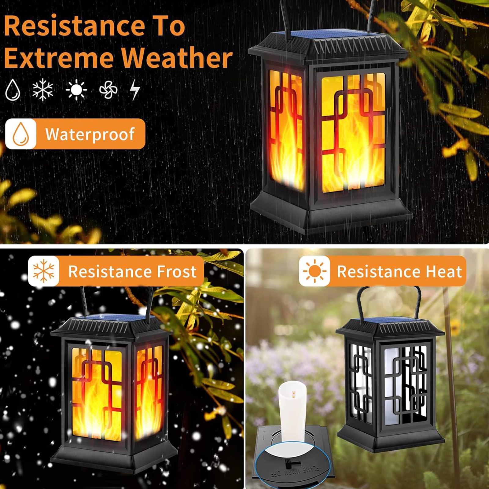 Solar Powered Outdoor Lanterns - Waterproof Hanging Garden Lights with LED Flame Effect for Patio, Pathway, Deck & Yard (2 Pack) - Perfect for Backyard Parties, Camping & Emergency Lighting