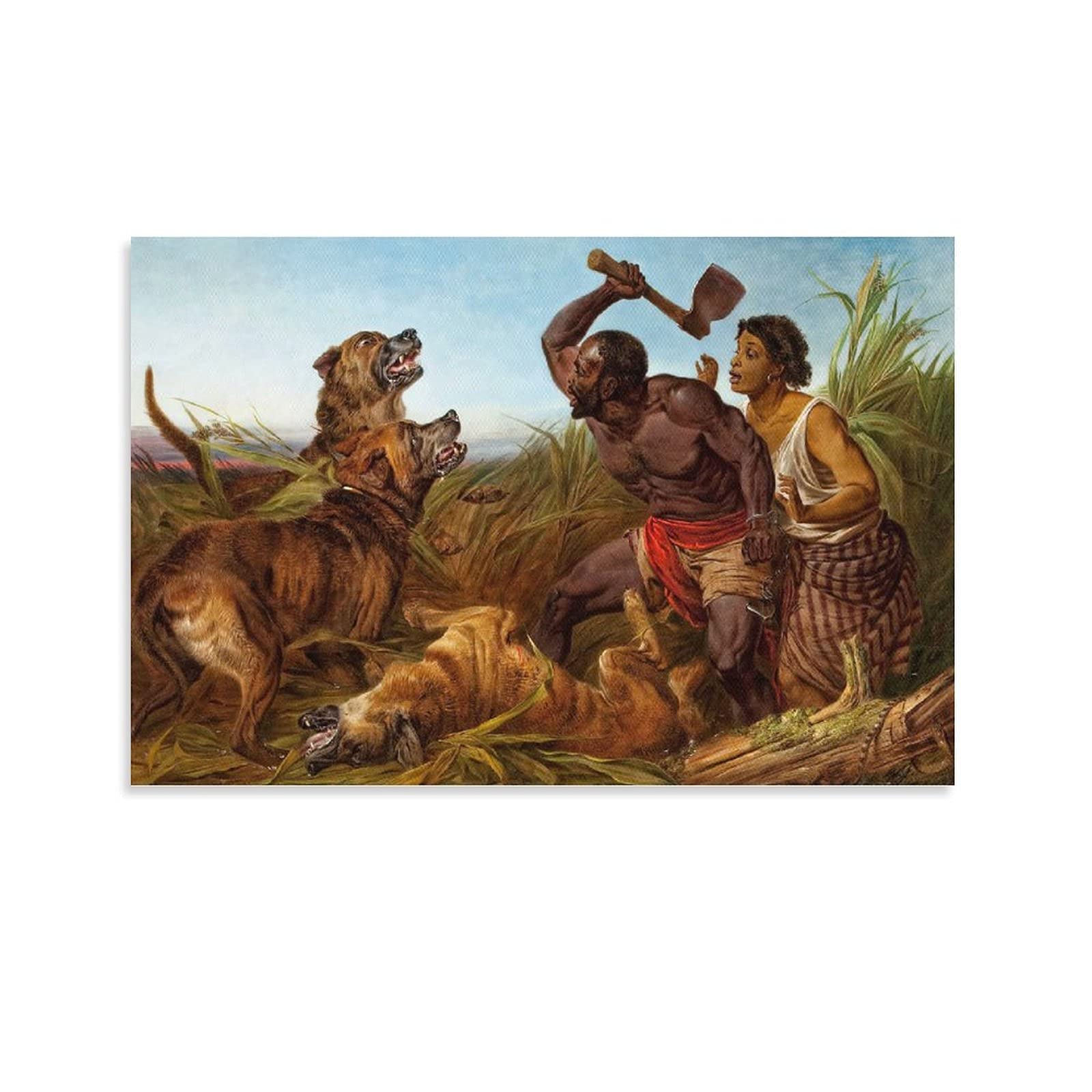 African Warrior Axe Battle Art Print - Vintage Slave Hero Fighting Wolves to Save Wife - Canvas Wall Decor for Living Room, Bedroom & Office - 16x24 Inches (40x60cm) - Perfect for Home Theater, Man Cave & Medieval Theme Decor