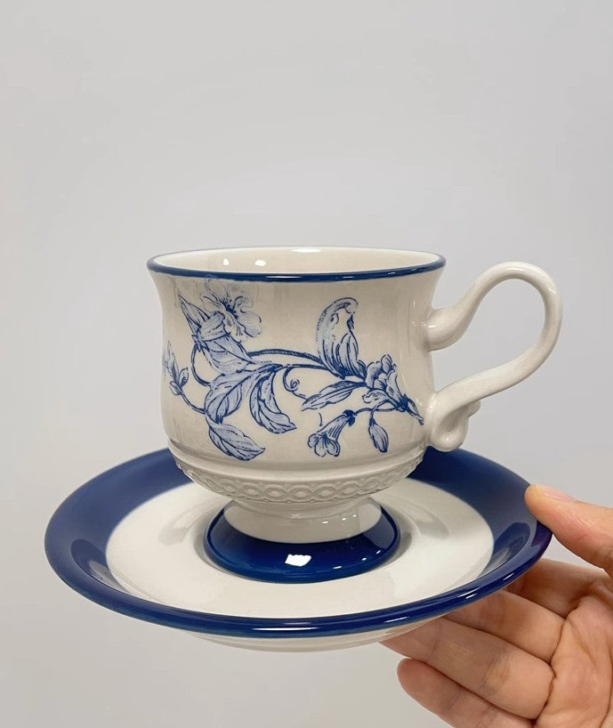 Elegant Ceramic Coffee Cup and Saucer Set - Blue Porcelain Tea Cups for Afternoon Tea, British Style - Perfect for Home, Office, and Gifts