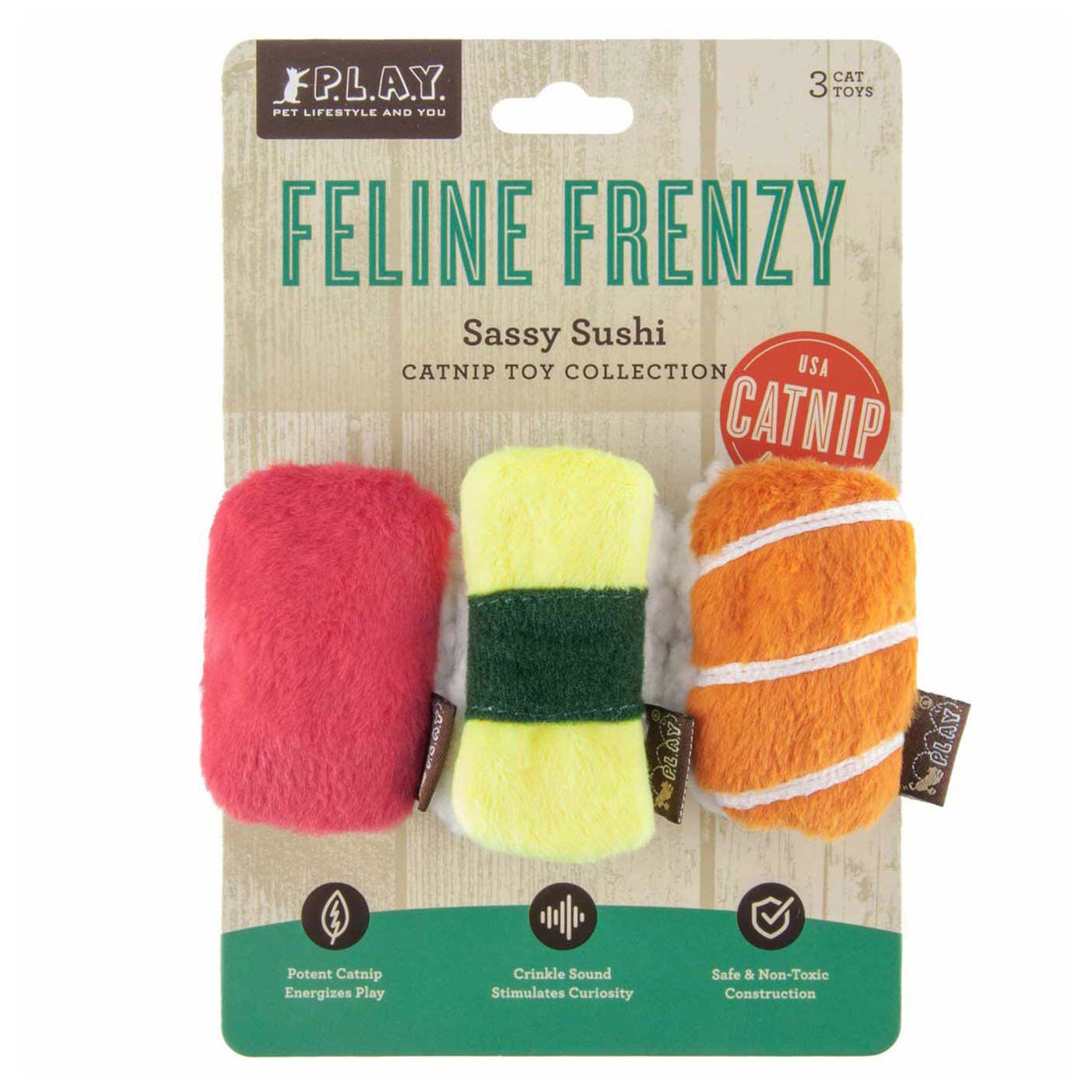 P.L.A.Y Sushi Cat Toys (3 Pack) - Fun Interactive Catnip Toys for Indoor Cats - Perfect for Playtime, Training & Stress Relief