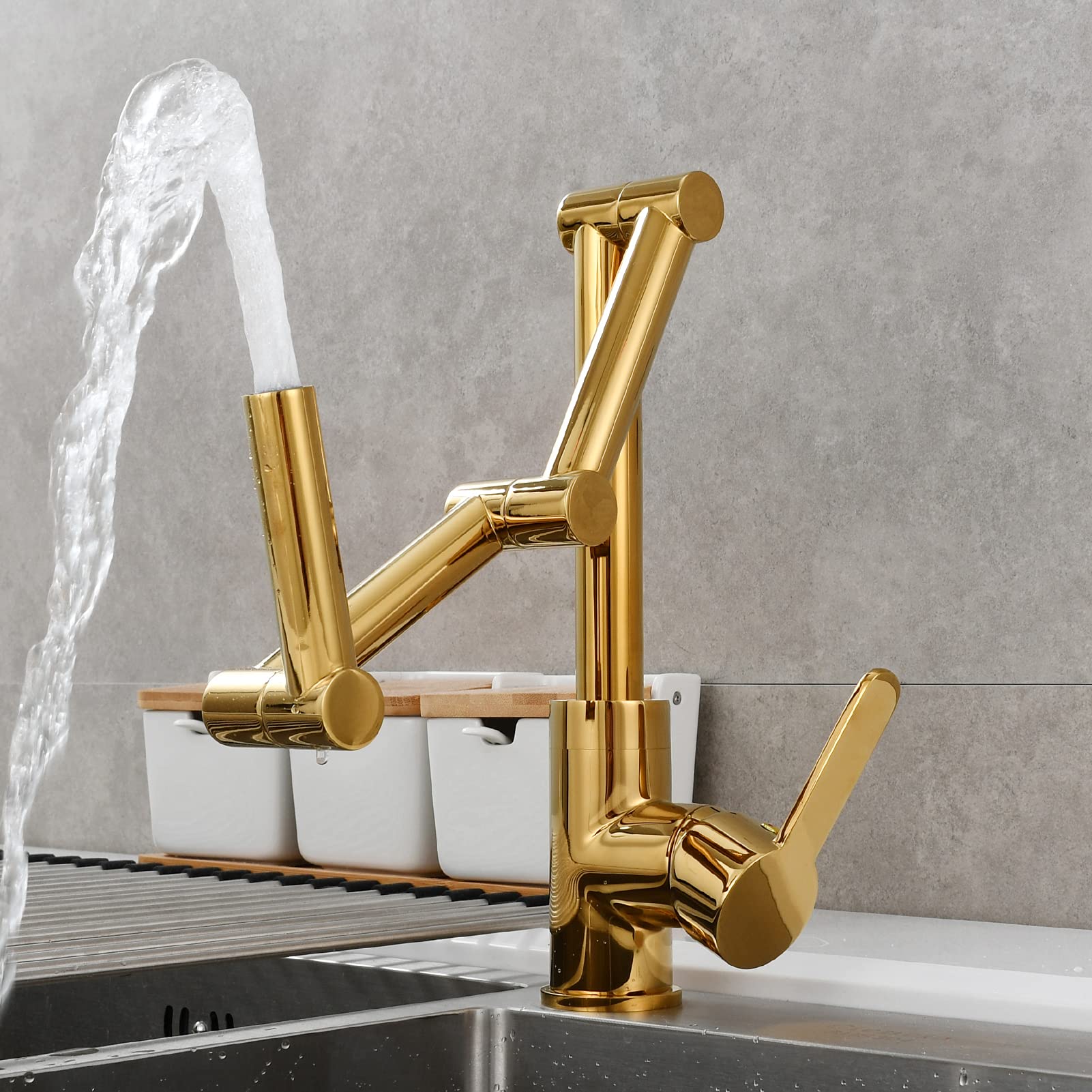 Single Handle Brass Pot Filler Kitchen Faucet - Deck Mounted Sink Mixer Tap in Titanium Gold (BJ1231) - Perfect for Modern Kitchens & Bar Sinks
