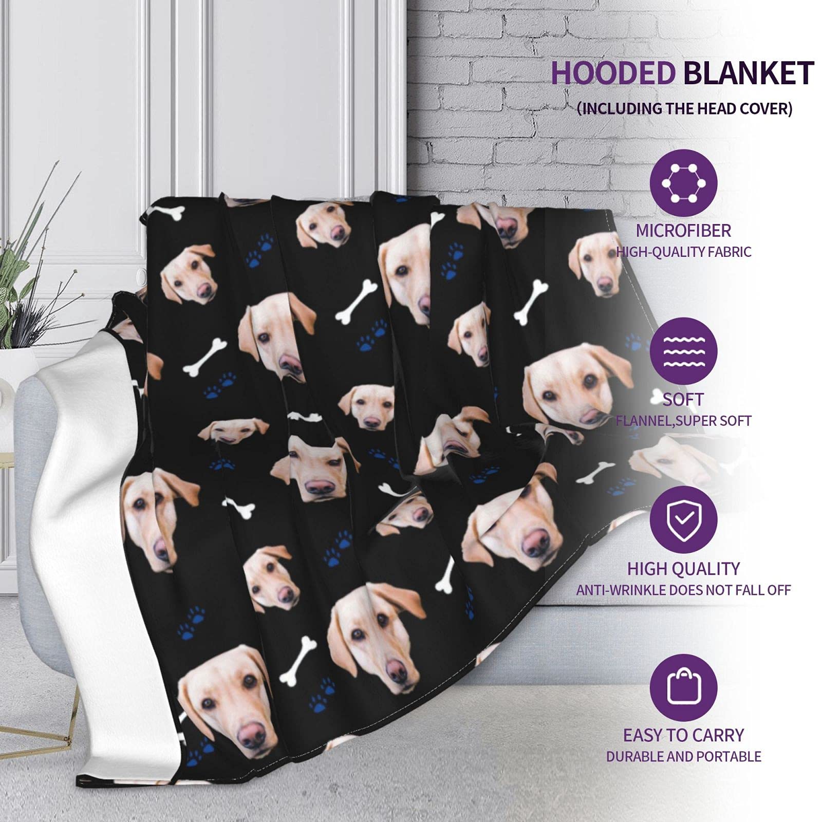 Custom Hooded Blankets with Pet Photos - Personalized Dog Face Blanket for Kids, Women & Men (80x60 inches) - Cozy Gift for Pet Lovers, Perfect for Cuddling on Sofa, Bed or Outdoor Adventures