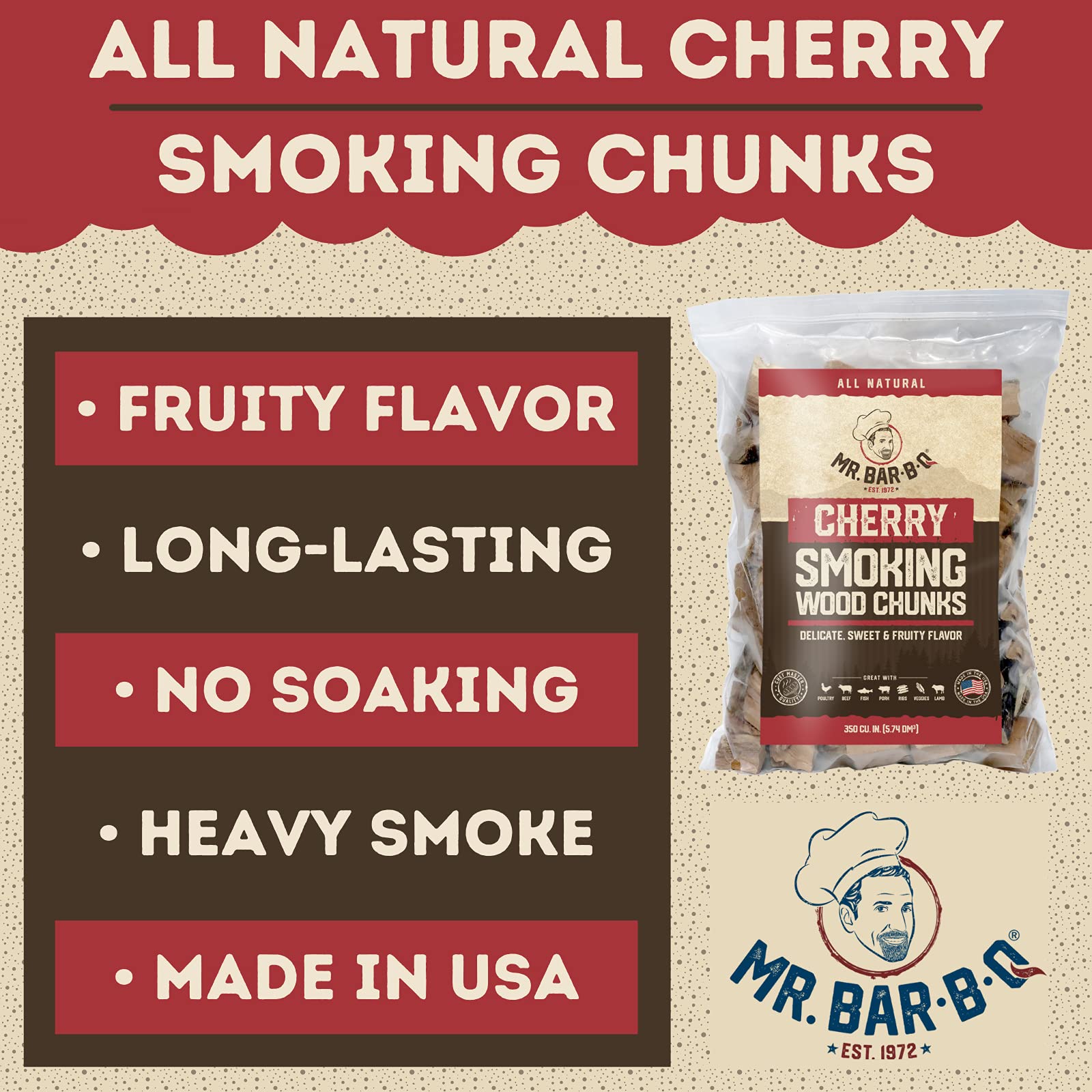 **3.5 Lb. Cherry Wood Chunks for Smoking & Grilling – Natural Sweet & Fruity Flavor – Perfect for Smokers, Gas Grills, Charcoal Alternatives – Ideal for BBQ, Backyard Grilling & Meat Smoking by Mr. Bar-B-Q**