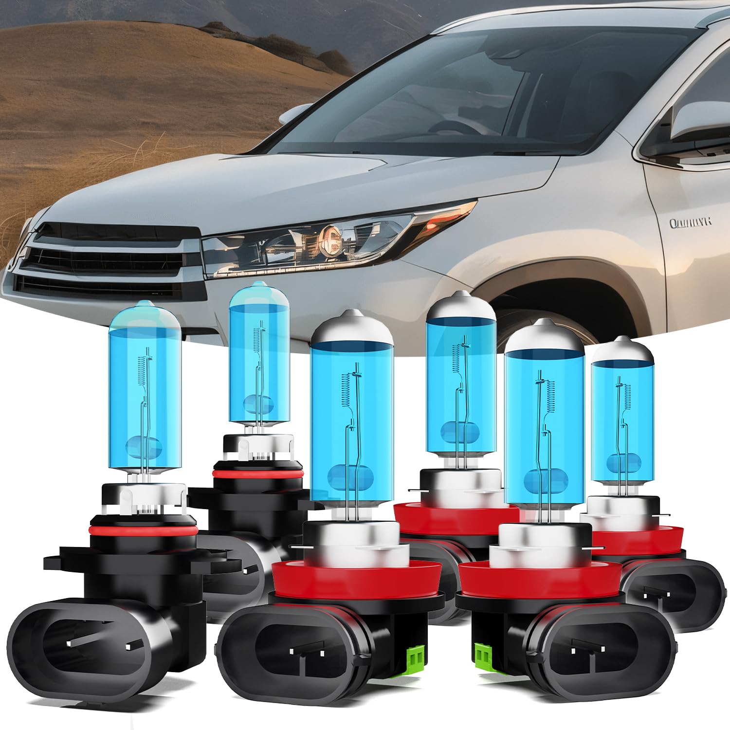 2014-2019 Toyota Highlander Headlight Bulbs Kit - 9005/HB3/H10 High Beam + H11/H8/H9 Low Beam + H11 Fog Light Combo - Plug and Play Halogen Replacement - Pack of 6 - Perfect for Night Driving and Off-Road Adventures