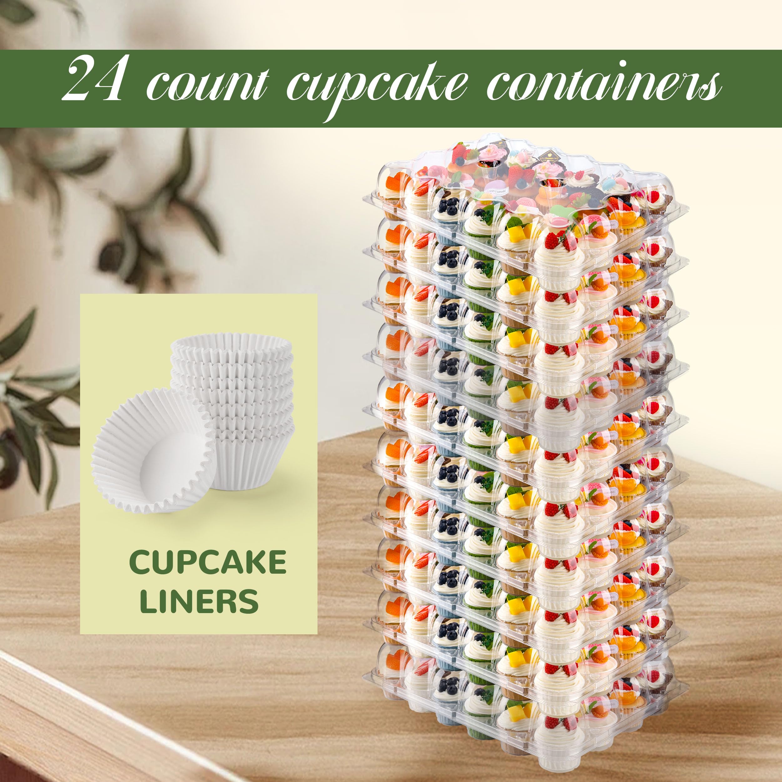 24-Pack Stackable Plastic Cupcake Containers with Detachable Tall Dome Lids & 240 Liners - BPA-Free Standard Size for Baking, Parties, and Dessert Display