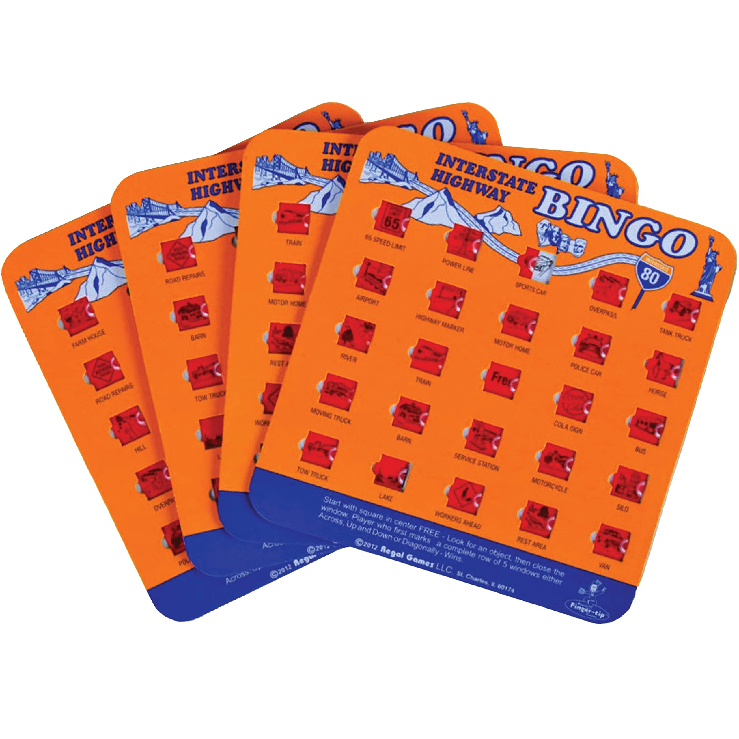 Regal Games Finger-Tip Shutter Bingo Cards with Sliding Windows - Interstate Highway Travel Bingo Game Set for Adults & Kids - Reusable No-Chip Bingo Cards (4 Pack, Orange) - Perfect for Road Trips, Family Game Nights & Travel Entertainment