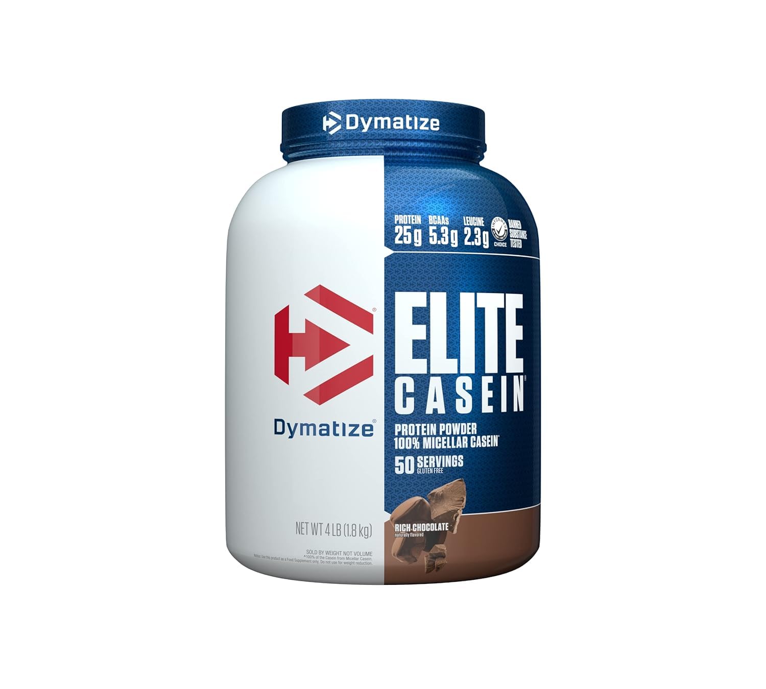 Dymatize Elite Casein Protein Powder - 25g Slow Digesting Protein with BCAAs & Leucine for Muscle Growth, Overnight Recovery & Post-Workout - Rich Chocolate Flavor, 4lb (1.81kg) - Perfect for Nighttime Use, Muscle Repair & Fitness Enthusiasts
