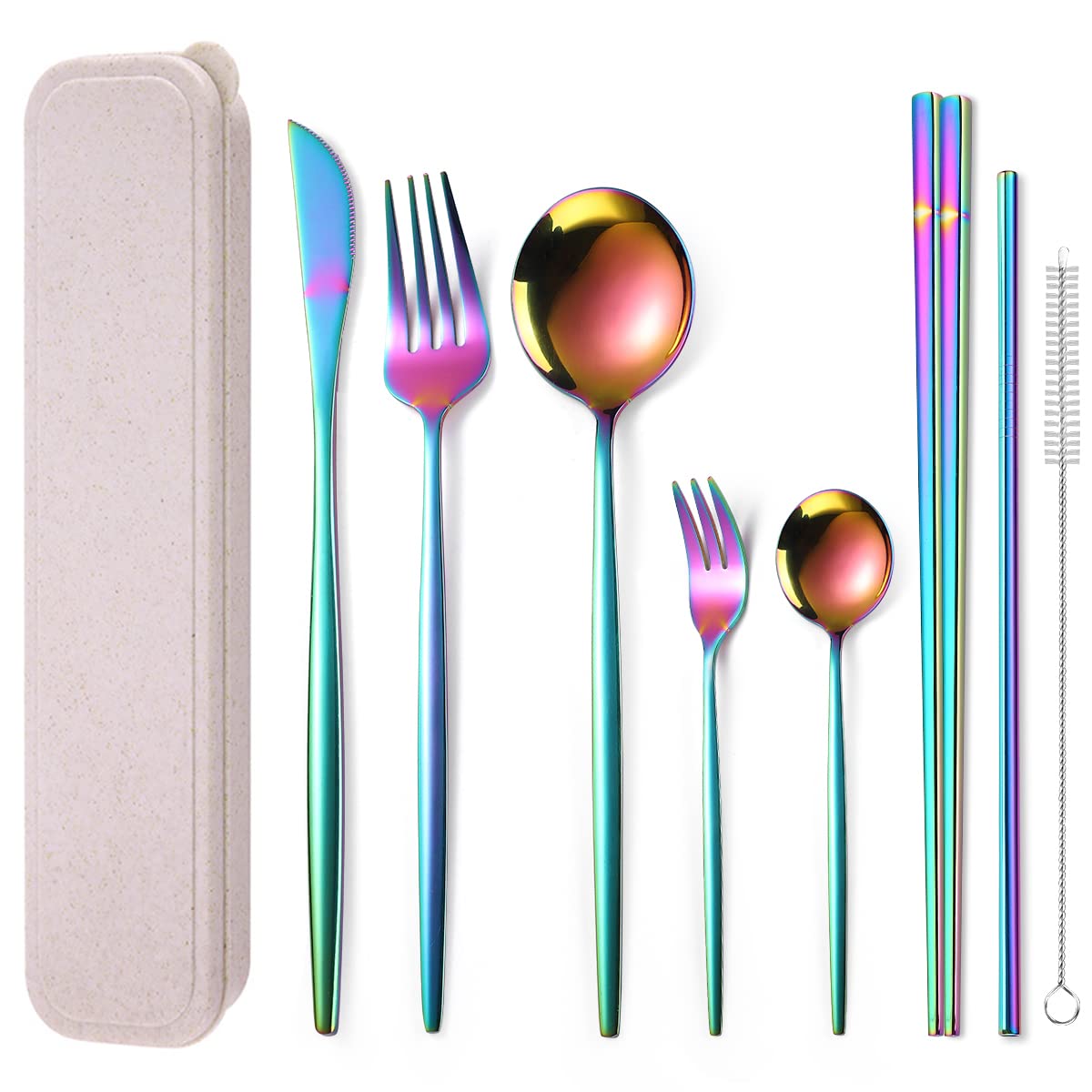Rainbow 8-Piece Stainless Steel Travel Cutlery Set with Chopsticks & Cleaning Brush - Perfect for Camping, Picnics & Office Lunch