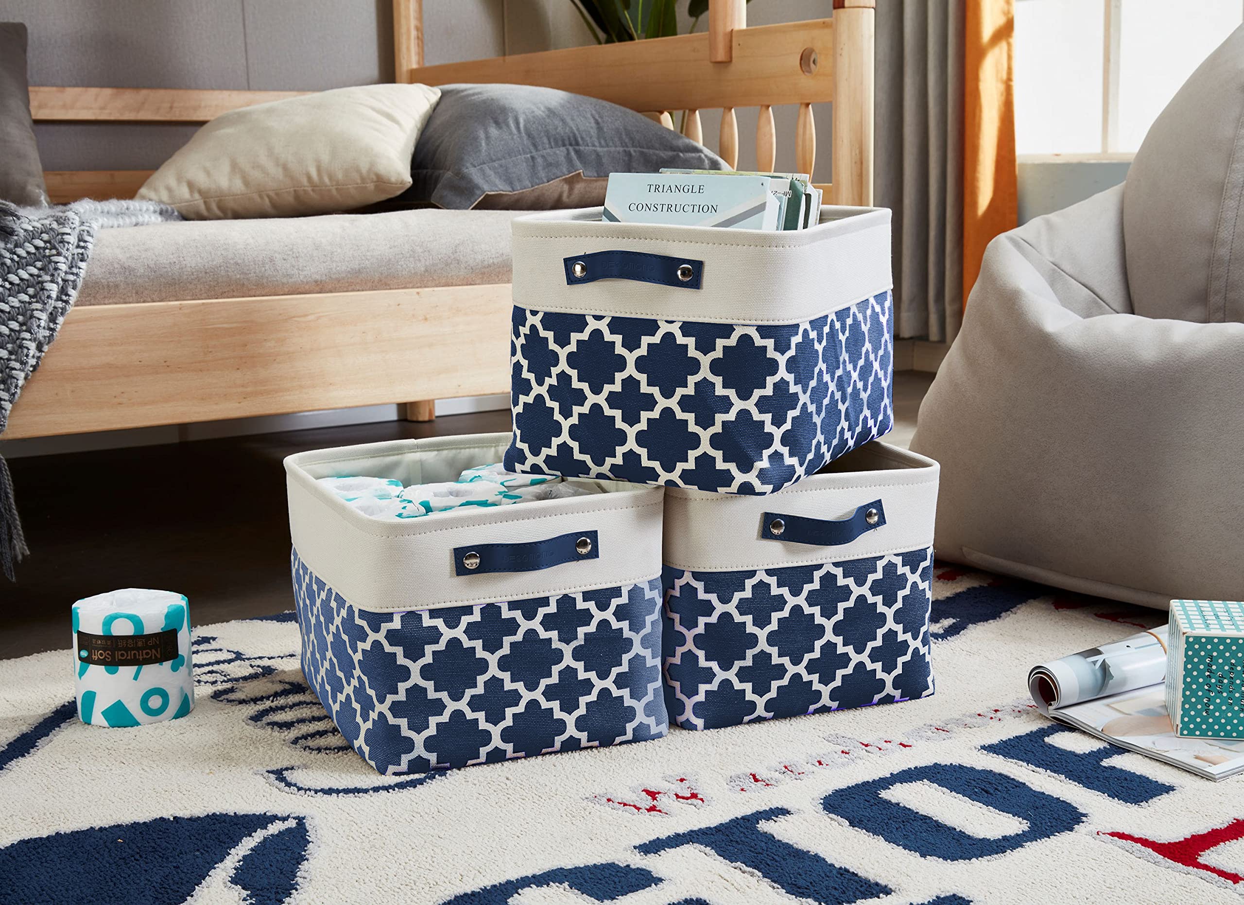 DECOMOMO Blue Fabric Storage Bins - Large 3-Pack Woven Baskets for Shelves, Closet Organization, Toys & Nursery Storage - Perfect for Home, Office & Kids Room Organization (Blue Patterns)