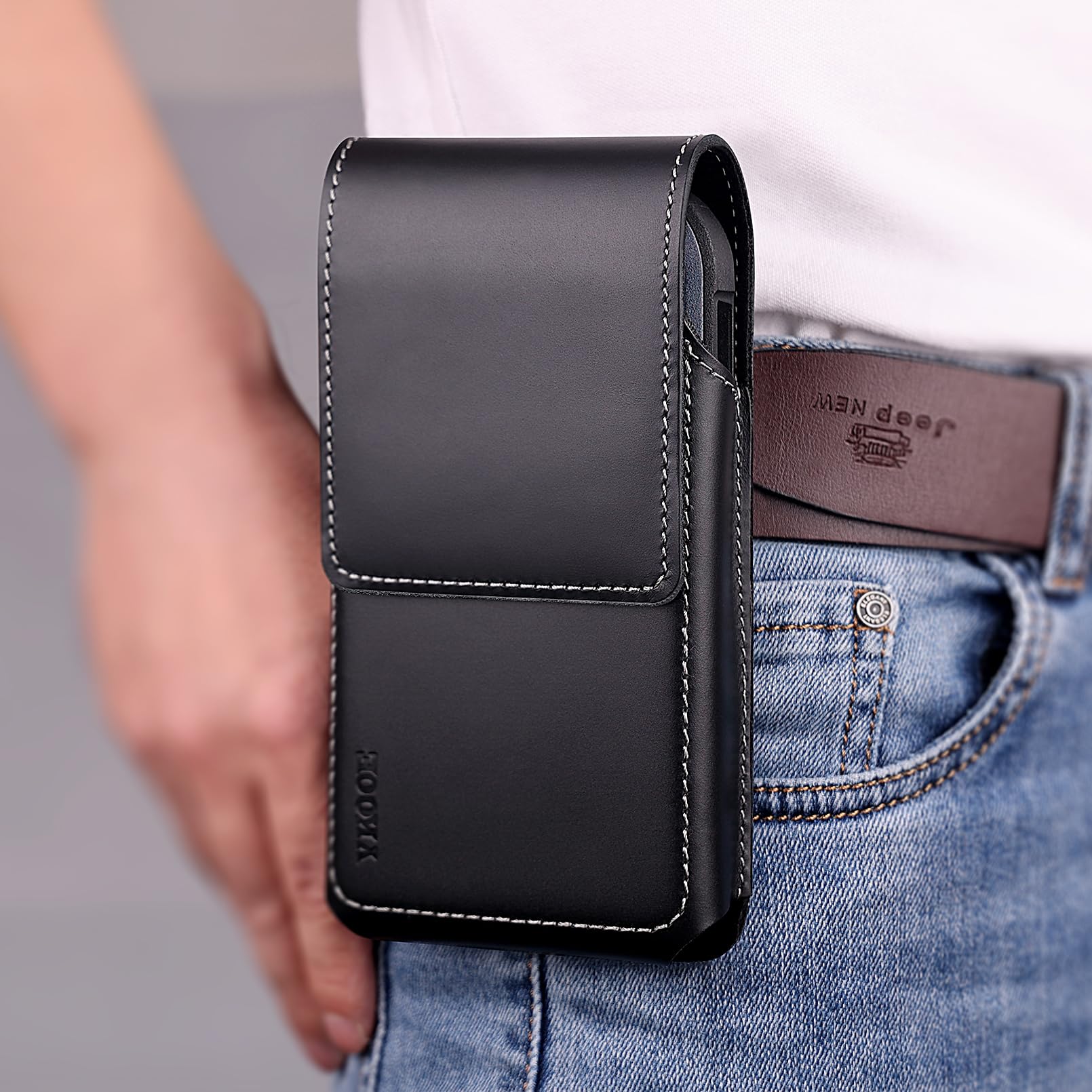 YKOOE Genuine Leather Phone Holster for iPhone 16/15/14/13/12 & Pro Models, Samsung Galaxy S25/S24/S23/S22 - Belt Clip with Magnetic Closure (Black, Large) - Perfect for Work, Travel & Outdoor Activities