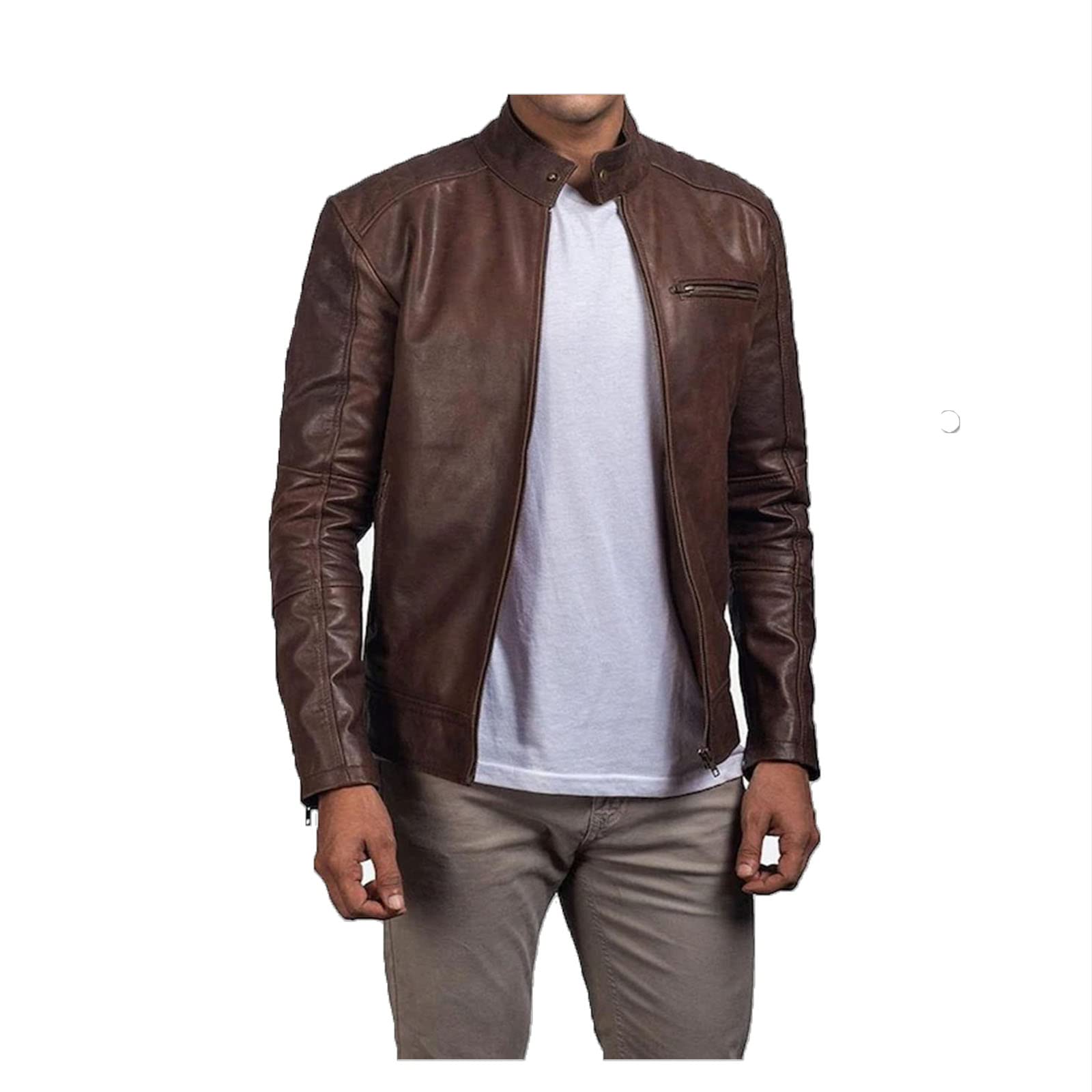 Vintage Brown Genuine Leather Jacket for Men - Soft Sheepskin Motorcycle Biker Jacket, Handmade Distressed Leather Coat for Casual Wear & Outdoor Adventures