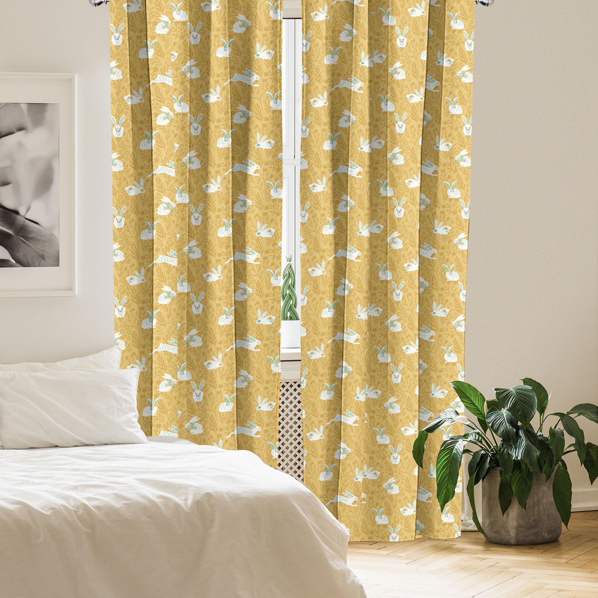 Ambesonne Bunny Curtains - Countryside Field Nature Inspired Animal & Floral Print Window Panels (Set of 2, 28x84 inches) in Mustard Seafoam White for Living Room & Bedroom Decor | Perfect for Farmhouse, Nursery & Boho Style Homes