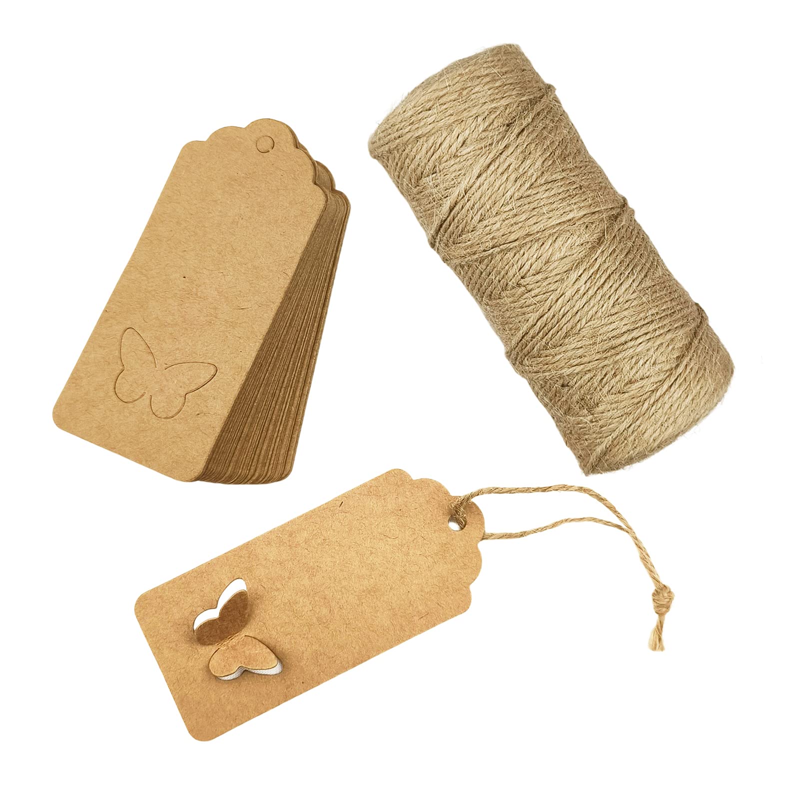 MAFELOE 100-Piece DIY Blank Kraft Paper Craft Tags - Butterfly Shape with 100 Meters Twine String for Gift Wrapping, Scrapbooking & Party Decorations