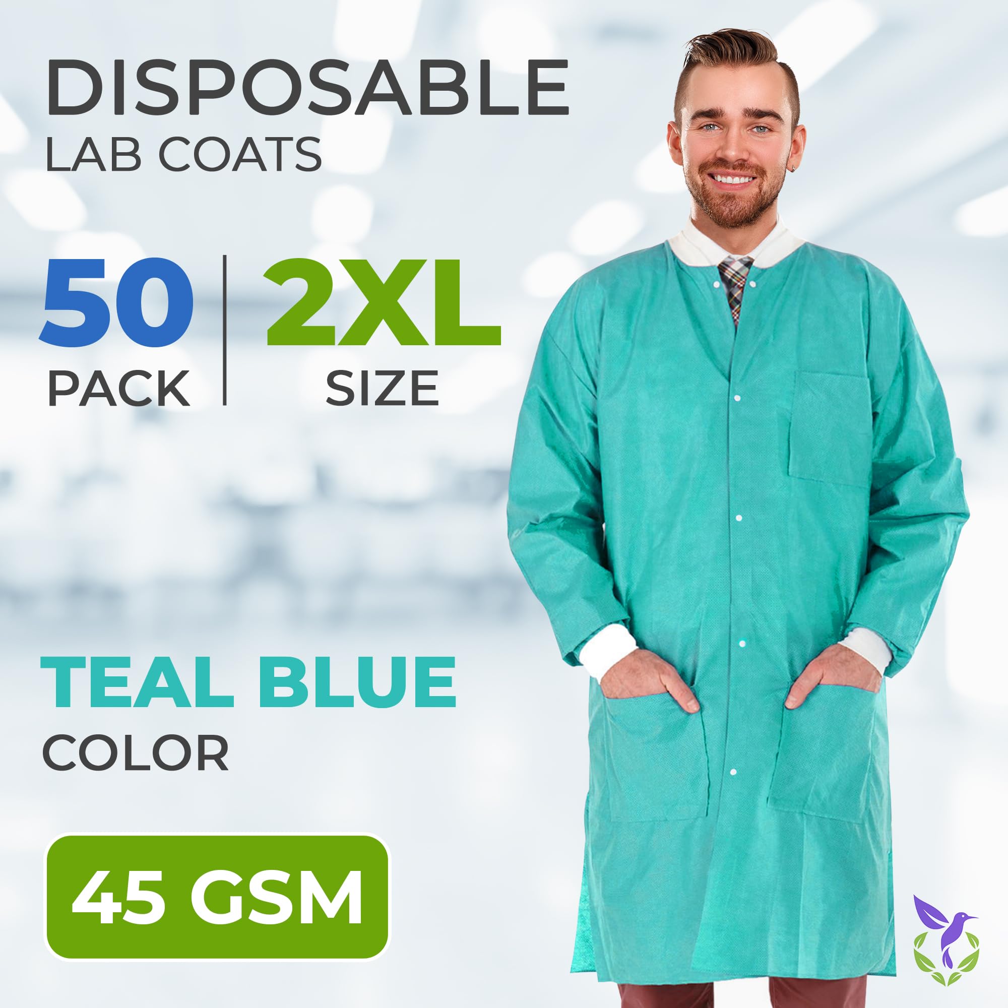 Disposable Lab Coats for Adults - 2X-Large Pack of 50, Teal Blue SMS Knee-Length Medical Lab Coats (45 GSM) with Cuffs, Collar & 3 Pockets - Ideal for Medical, Dental, Painting & Laboratory Use
