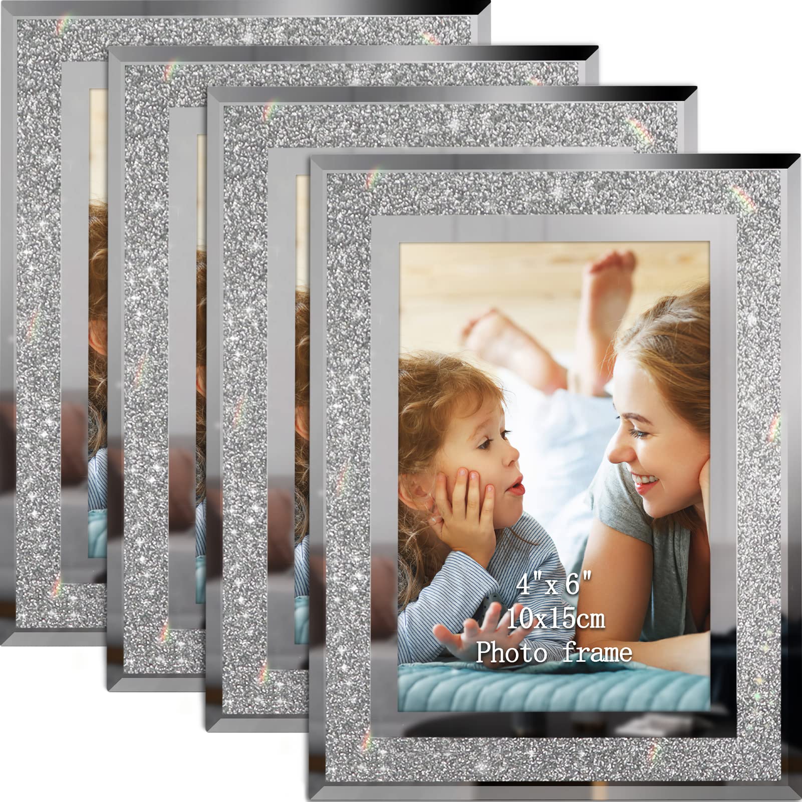 Calenzana 4x6 Glitter Picture Frames Set of 4 - Sparkling Glass Photo Frames for Tabletop Display, Horizontal or Vertical Wall Decor - Perfect for Wedding, Birthday, Anniversary Photos & Home Office Decor