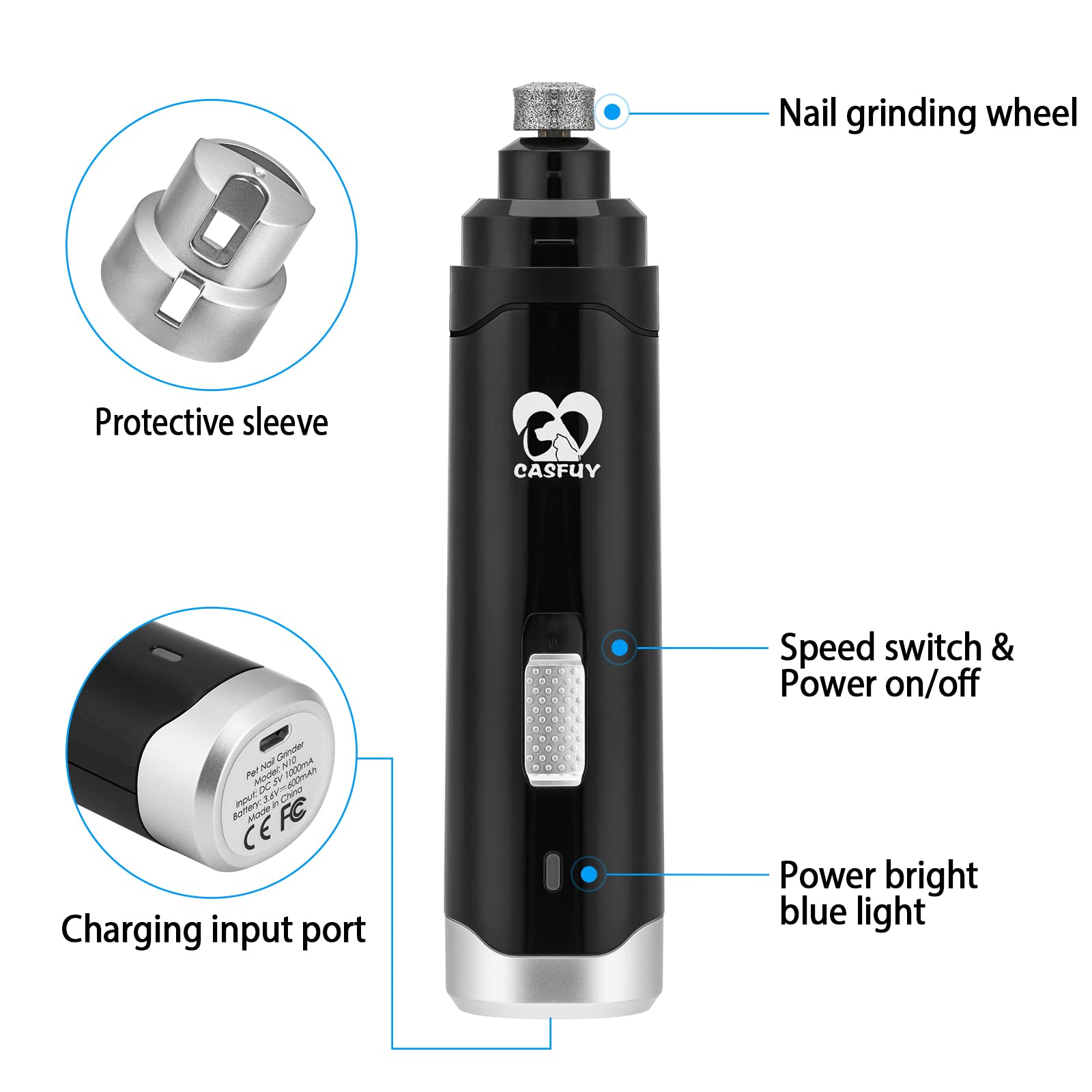 Casfuy Upgraded Dog Nail Grinder - Professional 2-Speed Electric Rechargeable Pet Nail Trimmer for Painless Paws Grooming | Safe for Small, Medium & Large Dogs & Cats (Black) | Perfect for At-Home Pet Grooming & Nail Maintenance