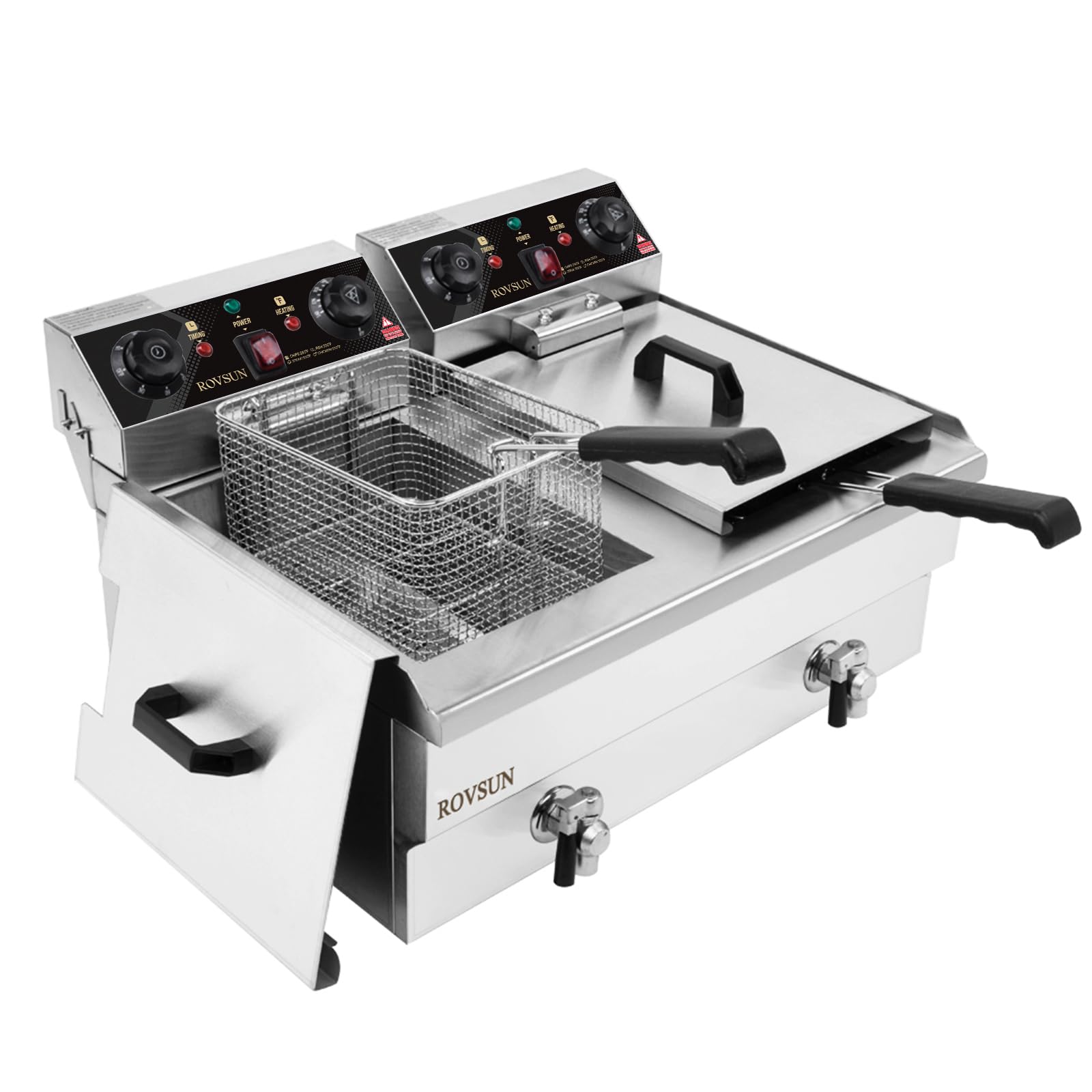 ROVSUN 24.9QT Commercial Electric Deep Fryer with Timer & Dual Frying Baskets - Adjustable Temperature 3400W Countertop Fryer for French Fries, Chicken Wings, Donuts - Perfect for Restaurants, Food Trucks & Home Kitchen Use
