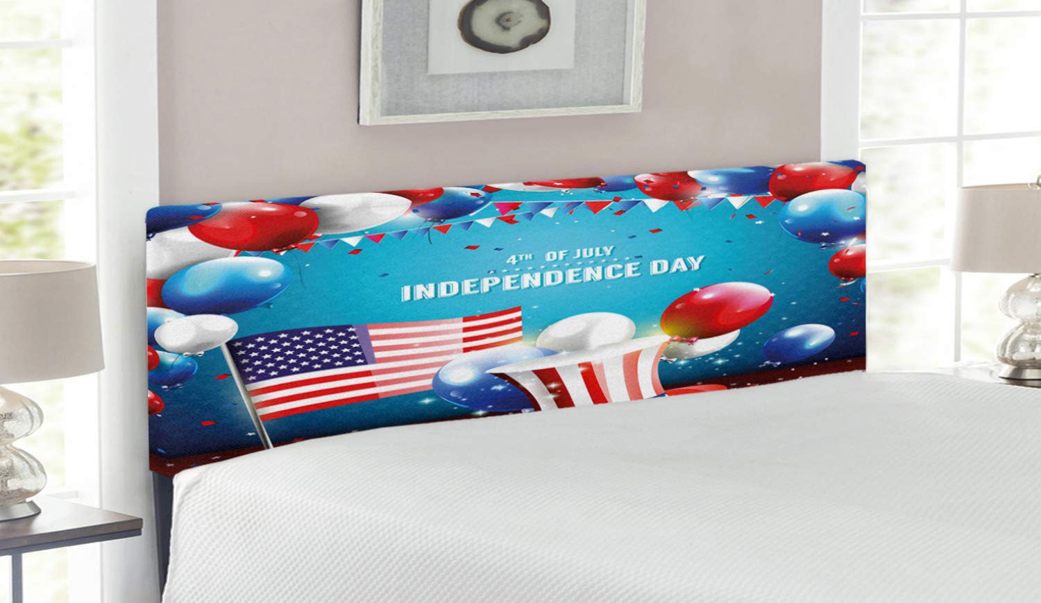 Ambesonne 4th of July Patriotic Headboard - Queen Size Upholstered Metal Bed Frame with Memory Foam | Uncle Sam Hat, American Flag & Balloons Design in Blue, Red & Pearl Colors | Perfect for Independence Day Decor, Bedroom Makeover & Themed Celebrations