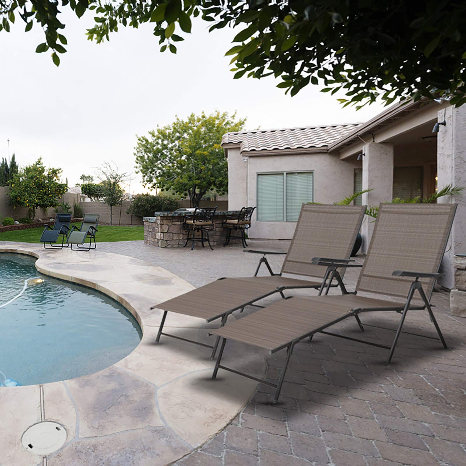 Sophia & William Outdoor Chaise Lounge Chair Set of 2 - Patio Folding Textiline Recliner with Adjustable Backrest & Armrests - Perfect for Beach, Pool, Backyard, Garden Relaxation - Brown