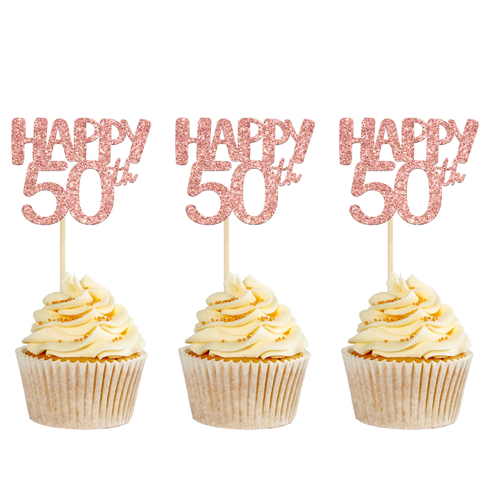 24Pcs Rose Gold Glitter 50th Birthday Cupcake Toppers - Cheers to 50 Cake Decorations for Anniversary Party Supplies | Perfect for 50th Birthday Celebrations, Retirement Parties & Milestone Events