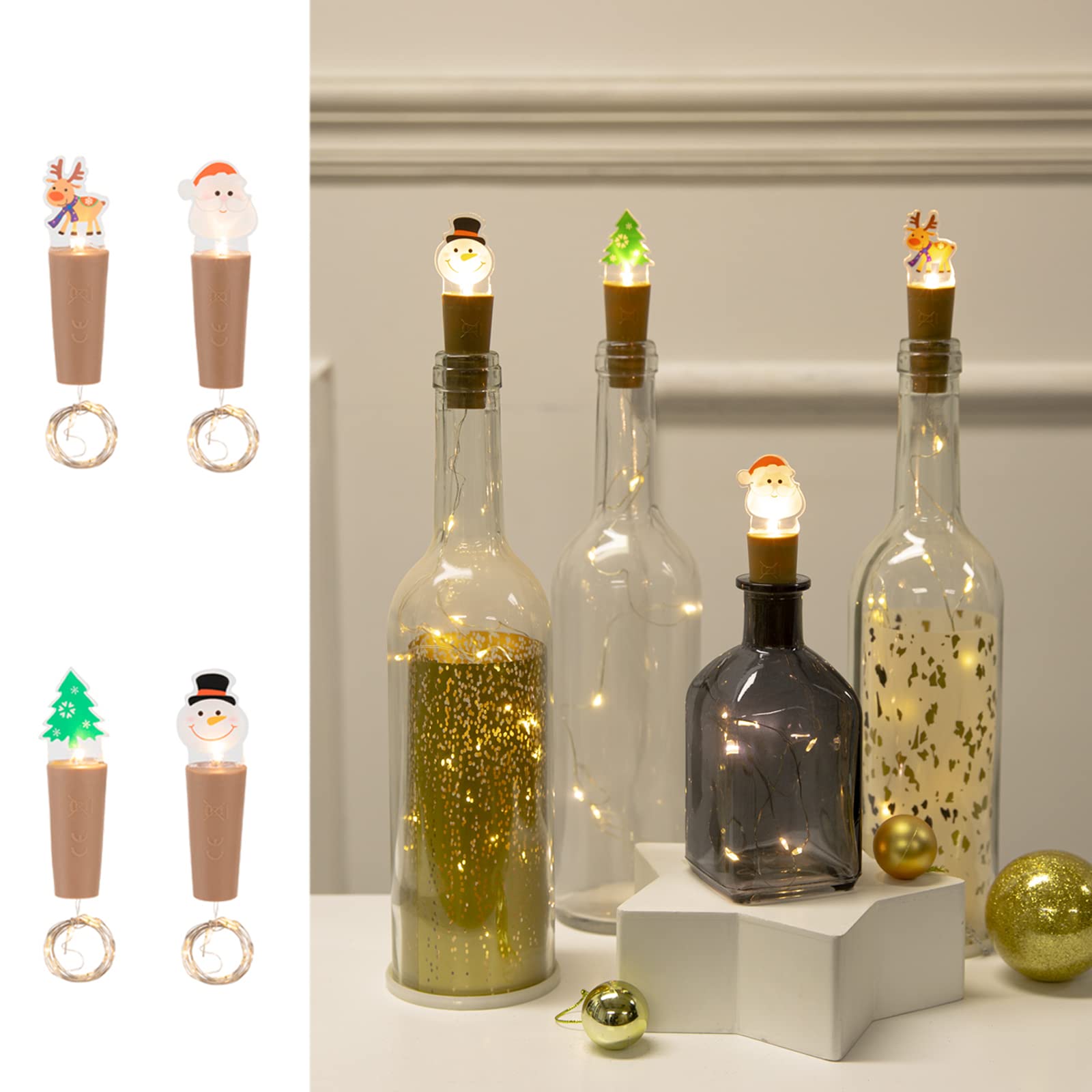 4 Pack 9 LED Wine Bottle Lights with Cork - Waterproof Mini Copper Wire Fairy String Lights for Liquor Bottles, Christmas Tree Decorations, Santa Reindeer Snowman Party Decor (Warm White) - Perfect for Holiday Parties, Wedding Centerpieces & Home Bar Decor