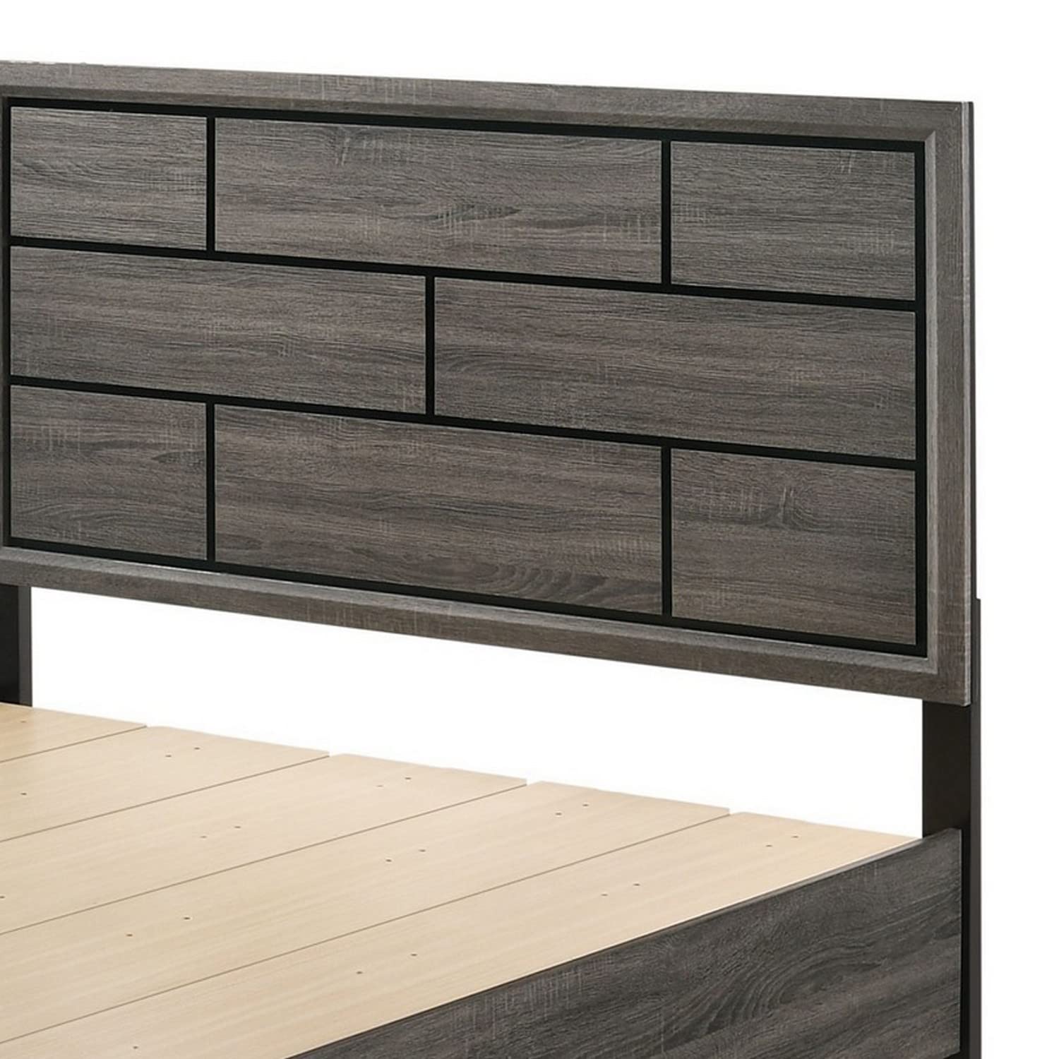 Benjara Eastern King Bed Frame with Grooved Pattern & 2 Storage Drawers, Gray - Modern Bedroom Furniture for Master Suite or Guest Room