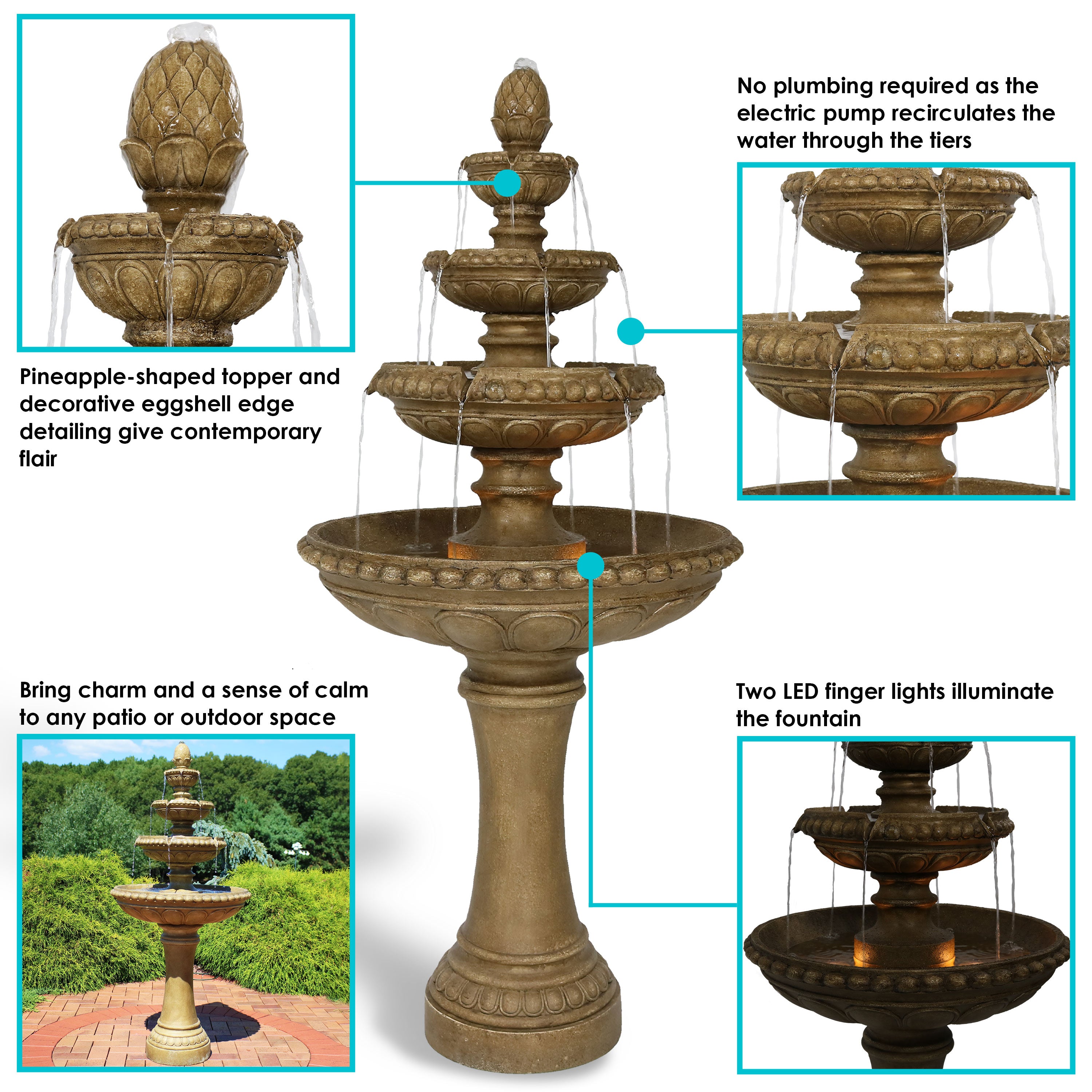 Large 4-Tier Outdoor Water Fountain with LED Lights - 65