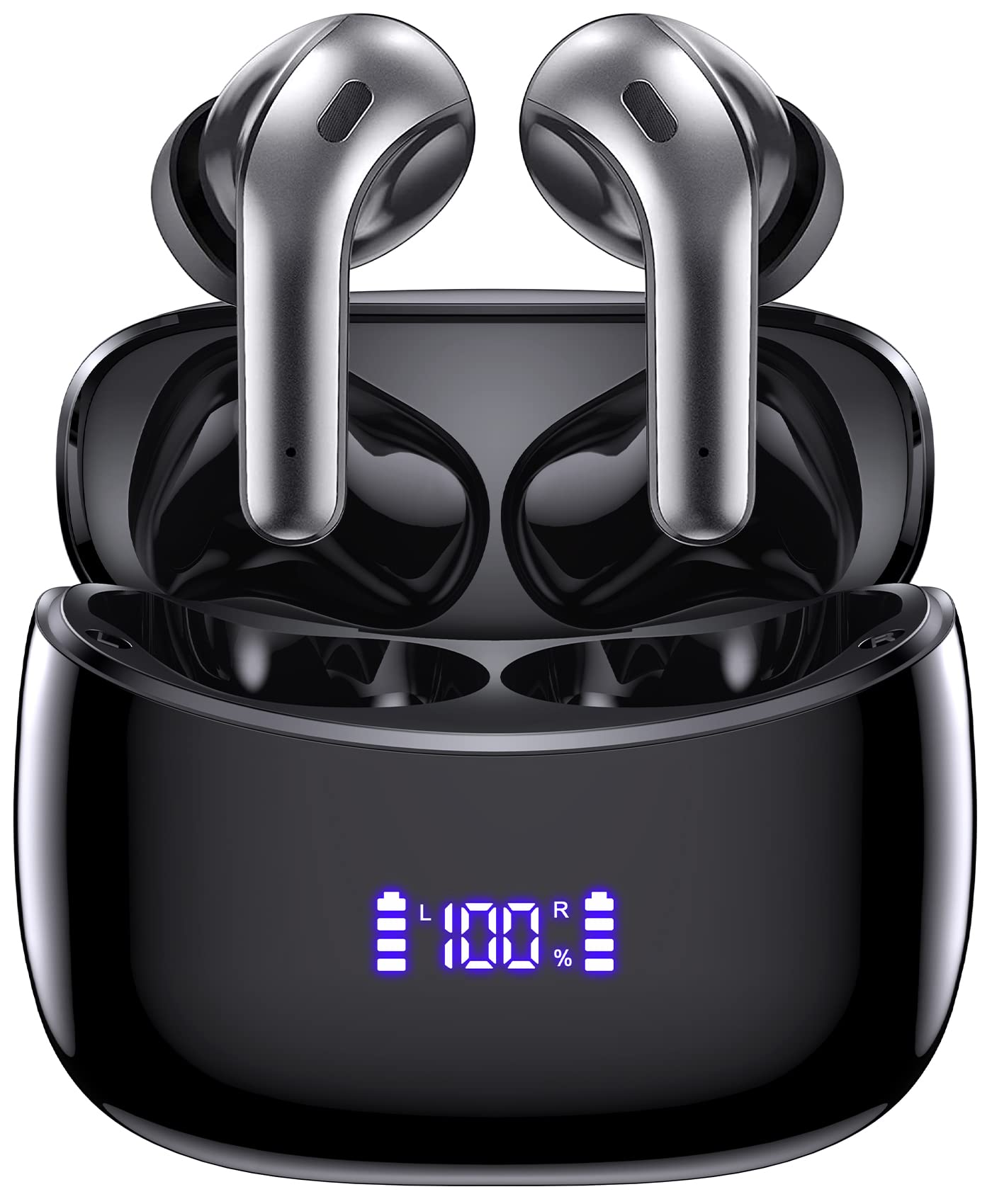 Wireless Bluetooth Earbuds with 60H Playtime, LED Power Display, Charging Case & Built-in Mic - Noise Cancelling In-Ear Headphones for Android, iPhone, Gaming, Sports, Workout & Office Use (Black)