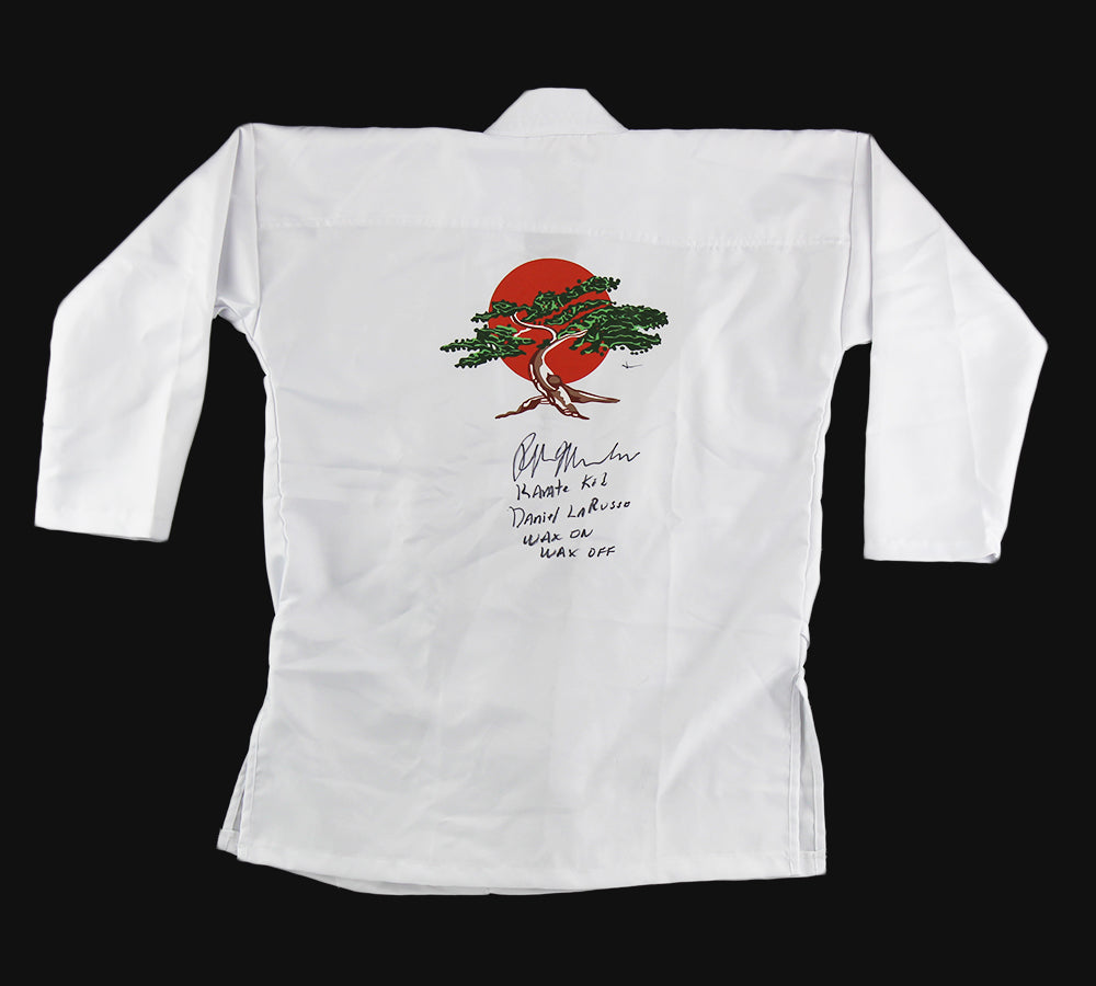Ralph Macchio Autographed Karate Kid Long Sleeve Gi with 3 Personal Inscriptions - Perfect for Movie Memorabilia Collectors & Martial Arts Fans