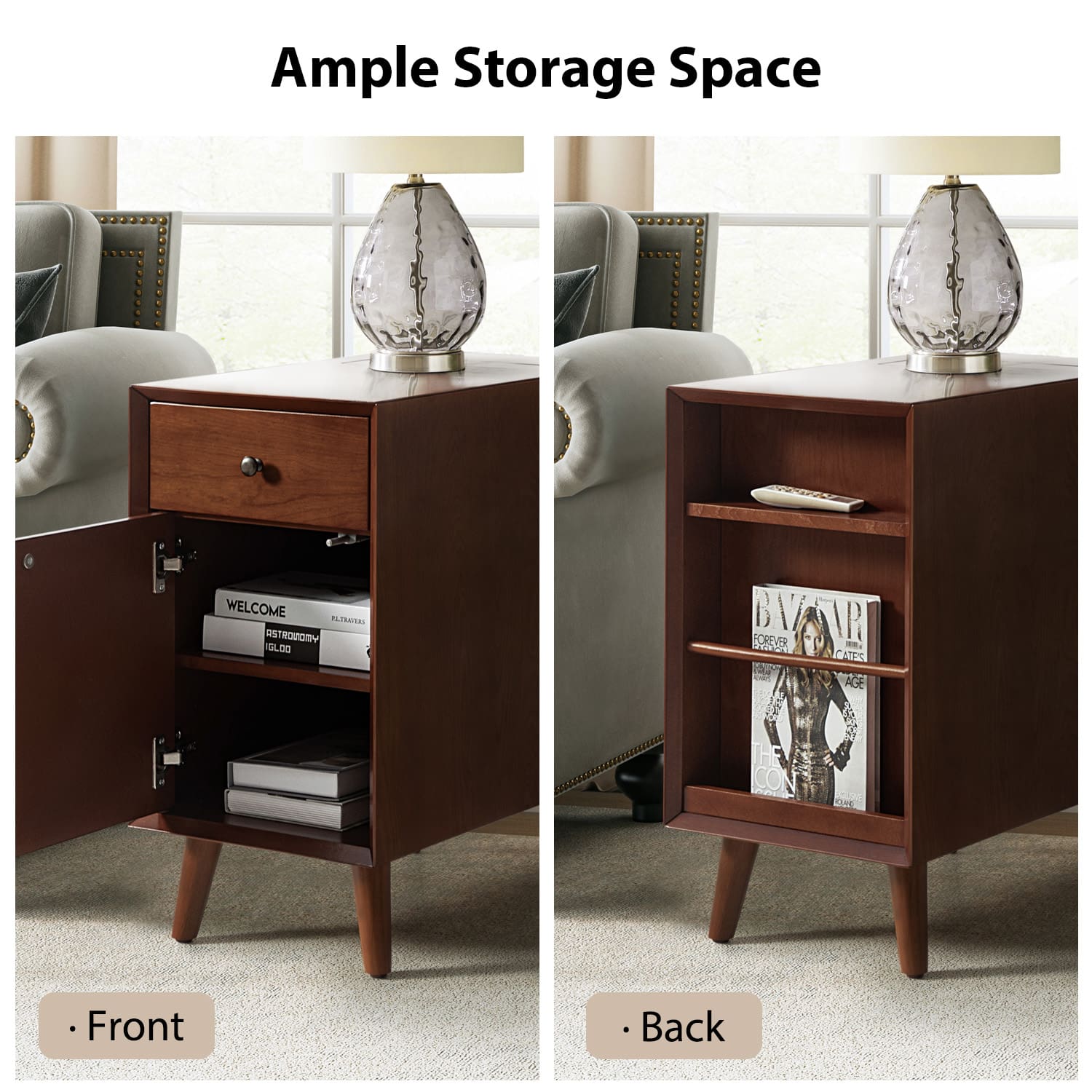 Vira End Table with Storage & Built-in Outlets - Modern Side Table with USB Charging Ports & Power Outlets for Living Room, Bedroom, Office - Perfect Nightstand or Sofa Side Table