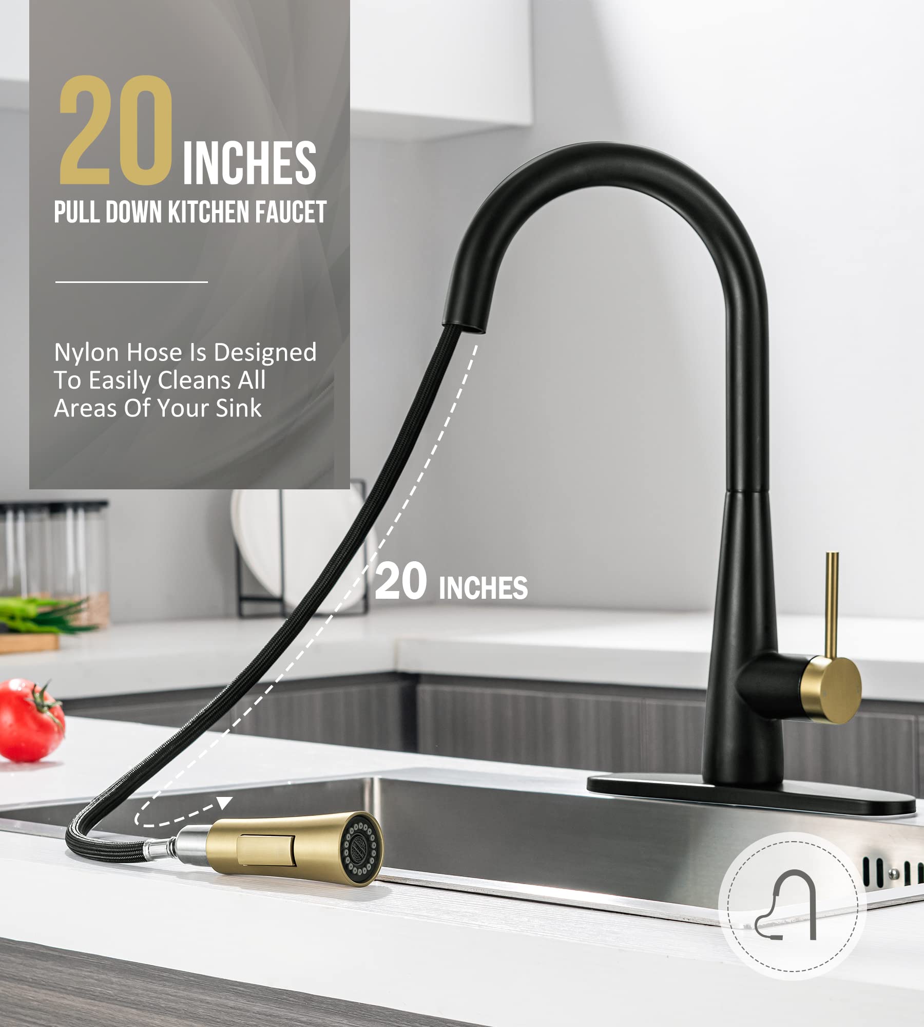 Black & Gold Kitchen Faucet with Pull-Down Sprayer - Modern Matte Black Stainless Steel for Home Kitchen