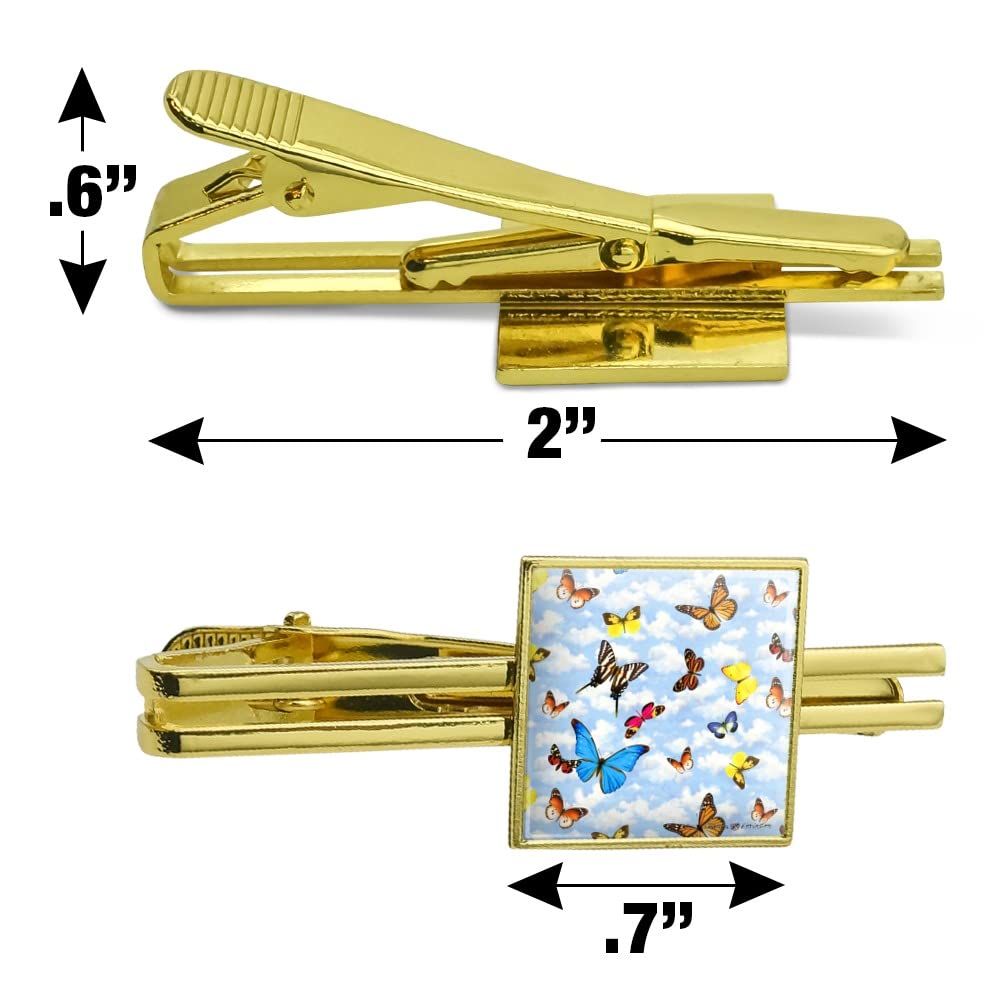 Butterfly in Blue Sky Pattern Square Tie Bar Clip - Silver or Gold for Men's Formal Wear & Wedding Accessories