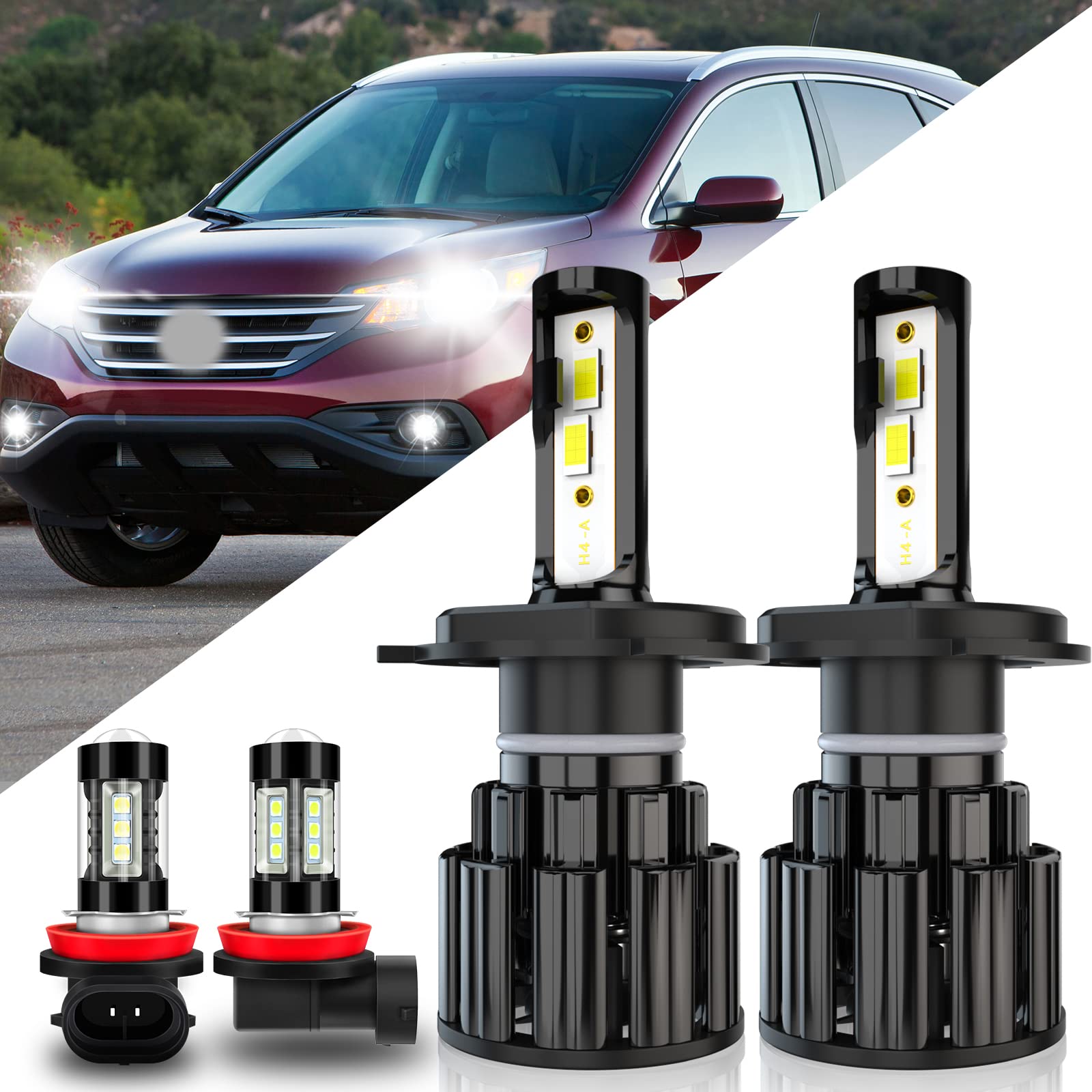 PCVBMLAUT LED Headlight Bulbs Kit - Super Bright 6000K White 10000LM H4 High/Low Beam & H11 Fog Lights - Direct Replacement for Honda CRV 2007-2014 - 60W Halogen Upgrade - Plug & Play (Pack of 4) - Perfect for Night Driving, Off-Road Adventures & Enhanced Visibility
