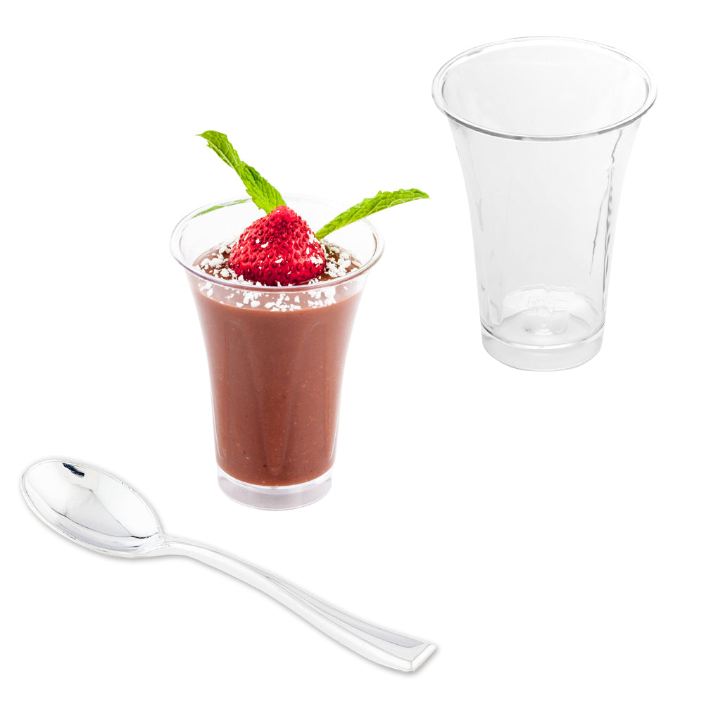 100 Pack 2 oz Clear Plastic Mini Trumpet Cups with 100 Silver Plastic Mini Spoons - Perfect for Party Favors, Wedding Decorations, and Dessert Serving