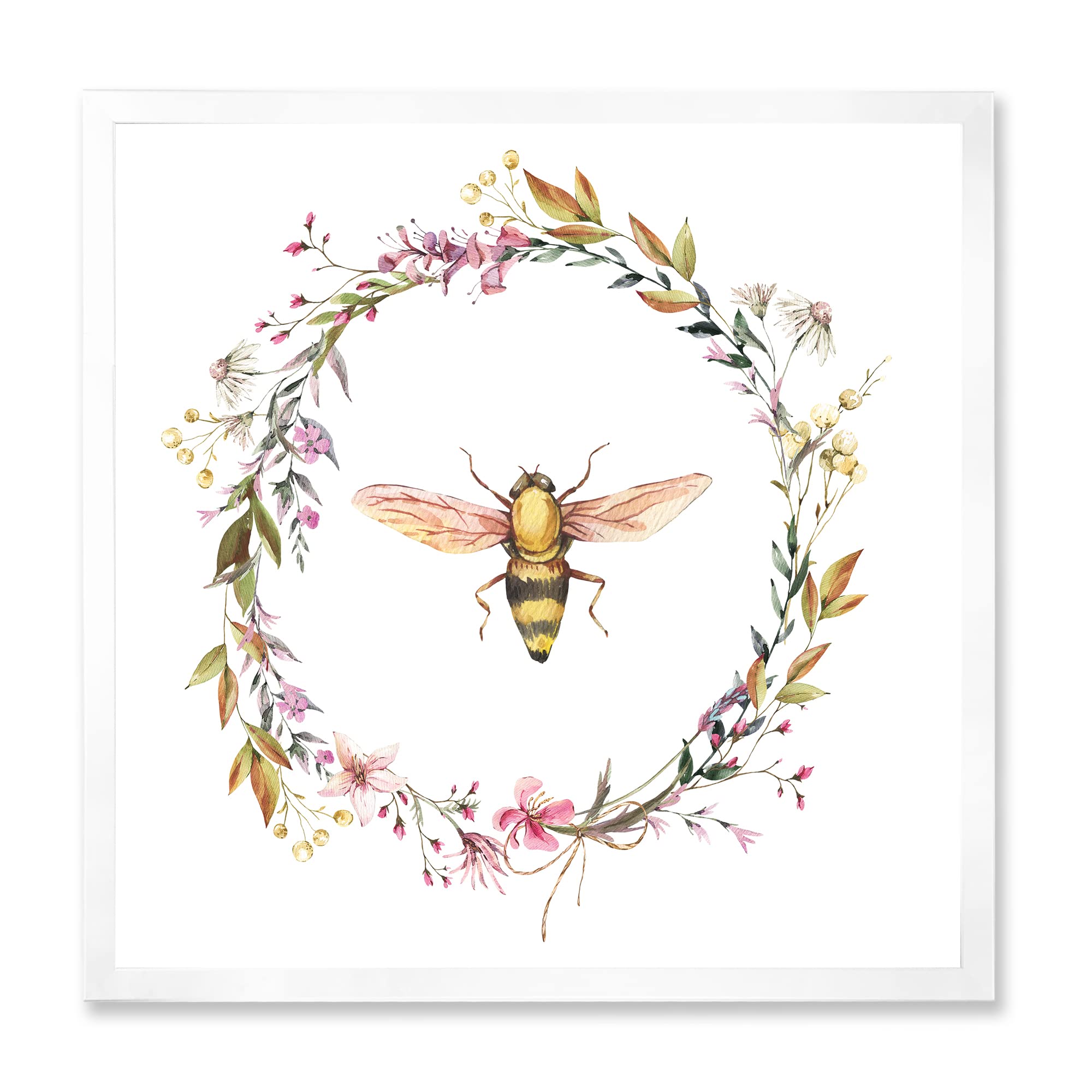 DesignQ Bee In Wildflowers Wreath - Rustic Farmhouse Framed Wall Art Decor for Living Room, Bedroom & Kitchen - Perfect for Home, Office & Gift Giving