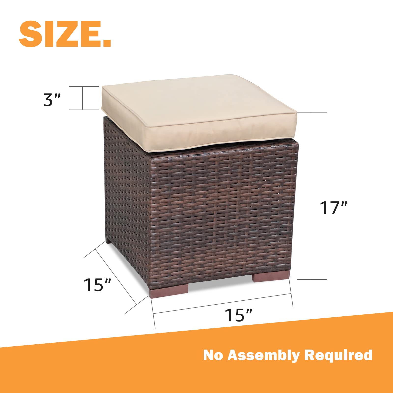 2-Piece Dark Brown Wicker Rattan Patio Ottoman Set with Beige Cushions - All-Weather Indoor/Outdoor Footstool & Seat - No Assembly Required - Perfect for Poolside, Garden, Deck, and Living Room Relaxation