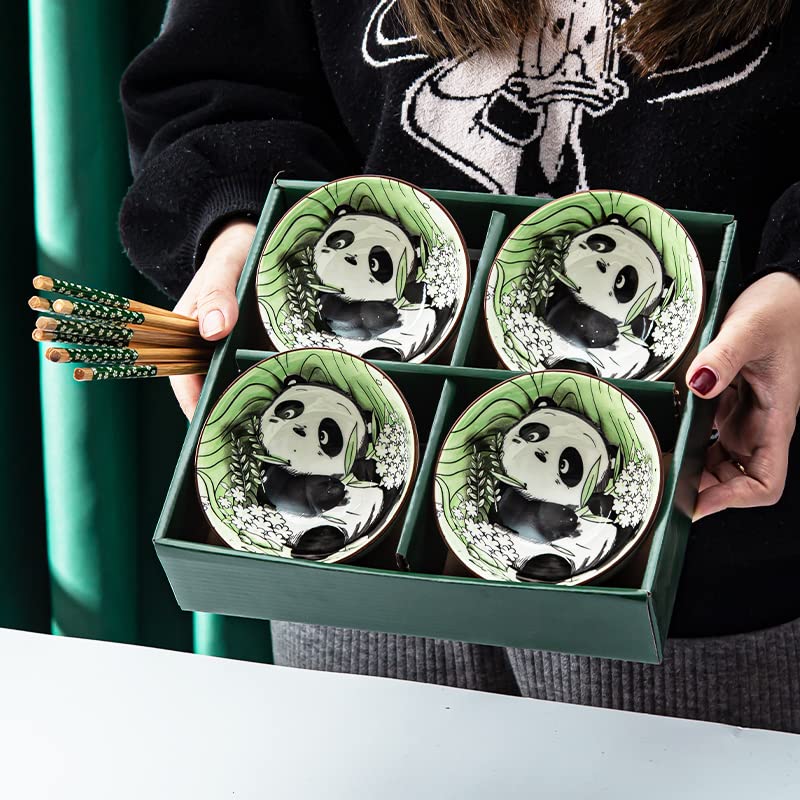 4pcs Cute Panda Ceramic Rice Bowls with Chopsticks - Asian Style Soup Noodle Dessert Bowls for Home Dining & Party Serving | Perfect for Ramen, Ice Cream, and Rice Dishes