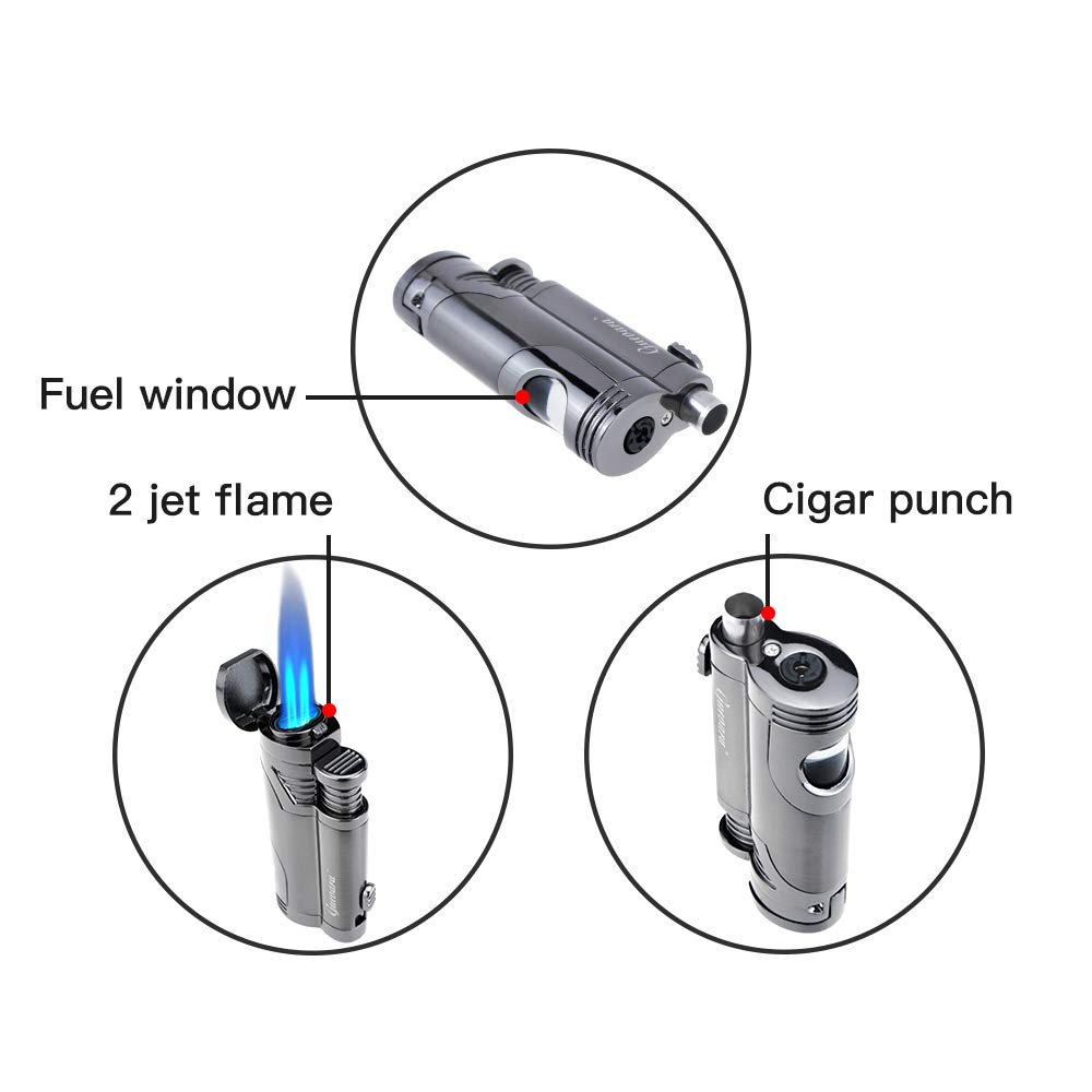 GUEVARA Windproof Butane Torch Lighter - Dual Jet Flame, Refillable, Punch Design (Grey) - Perfect for Cigars, Camping, Cooking & Outdoor Use