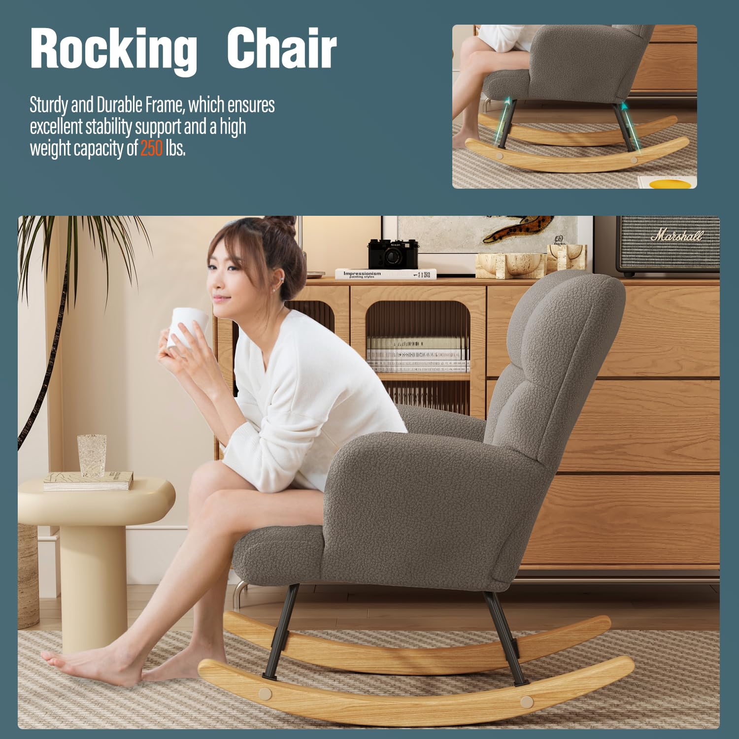 **Comfy Glider Rocking Chair for Nursery - High Backrest Teddy Soft Upholstered Armchair for Reading, Relaxing in Bedroom, Living Room & Home Office (Khaki) - Perfect for Nursing, Lounging & Baby Nursery Decor**