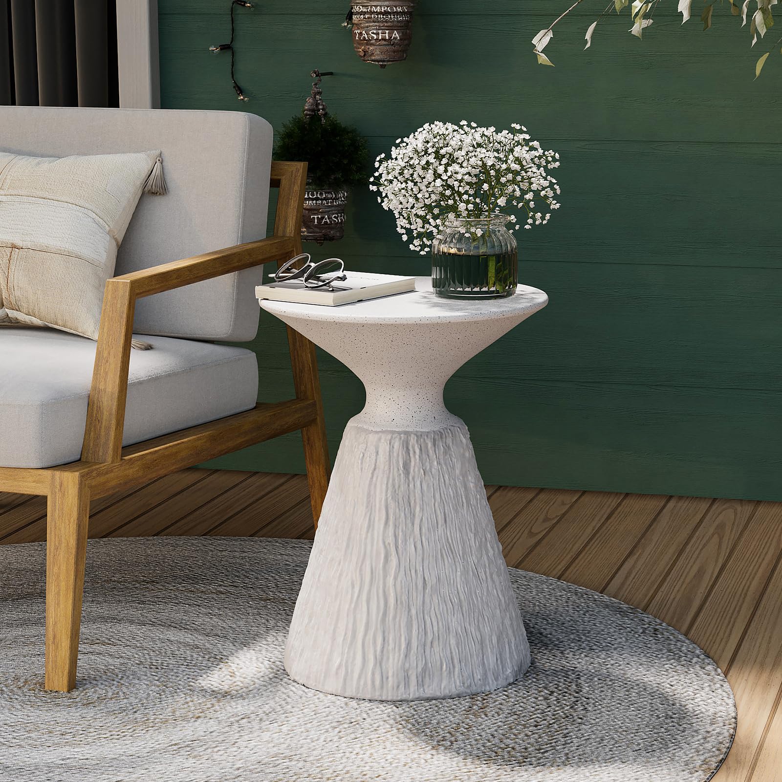 Lightweight Mushroom Shaped MgO Outdoor Side Table - Round Base Patio End Table & Plant Stand for Garden, Deck, Balcony - Spotted White Accent Table for Outdoor Relaxation & Decor