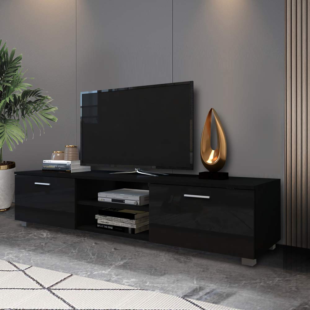 Modern TV Stand for Up to 70-inch TV - Home Entertainment Center with 2 Storage Drawers, Black | Perfect for Living Room, Bedroom & Home Theater Setup